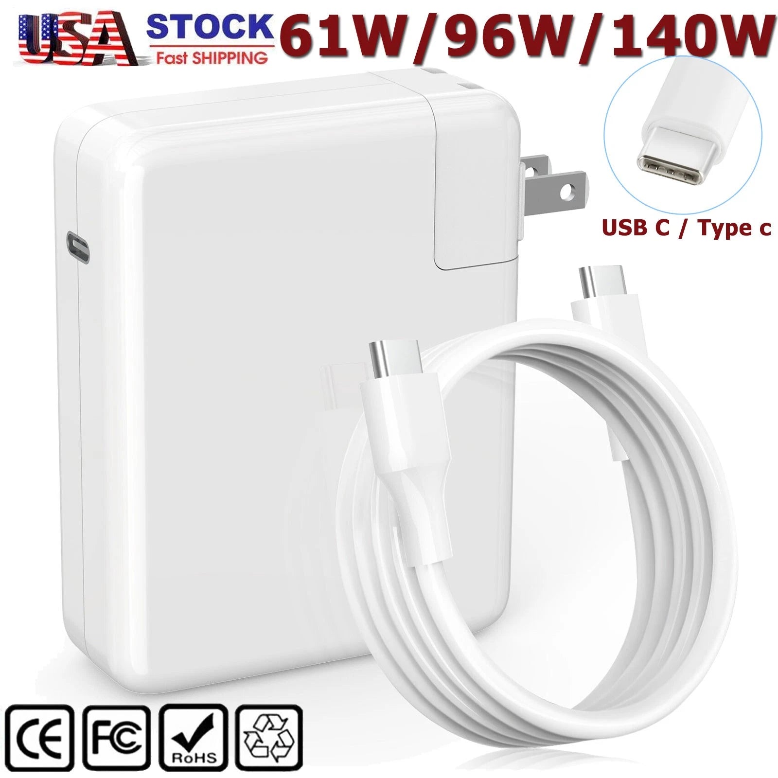 61W/96W/140W USB-C Wall Charger AC Power Adapter For Apple MacBook Pro Air iPad