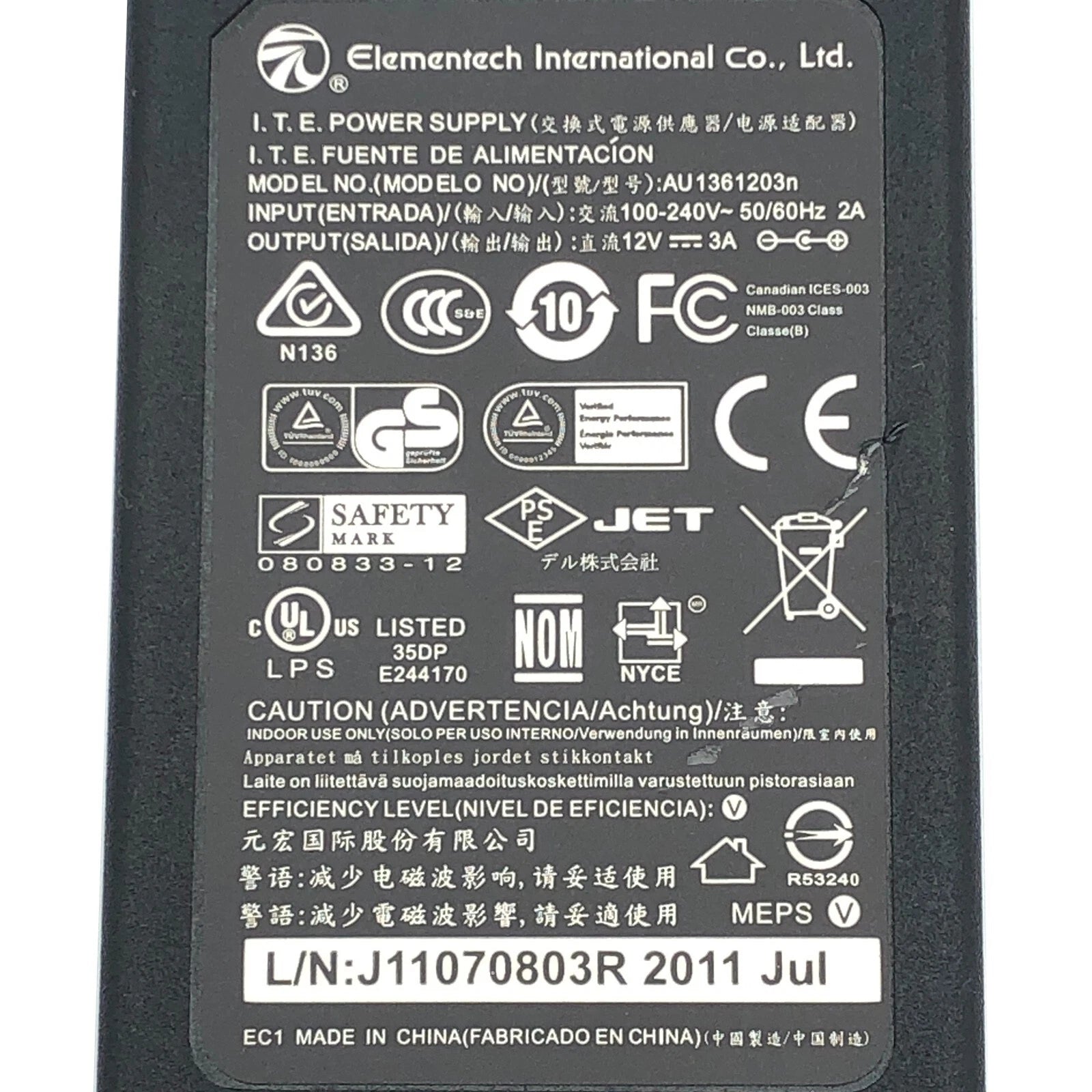 NEW Genuine Elementech A140-1120300N AU1361203N AC Power Adapter 12V 3A Charger