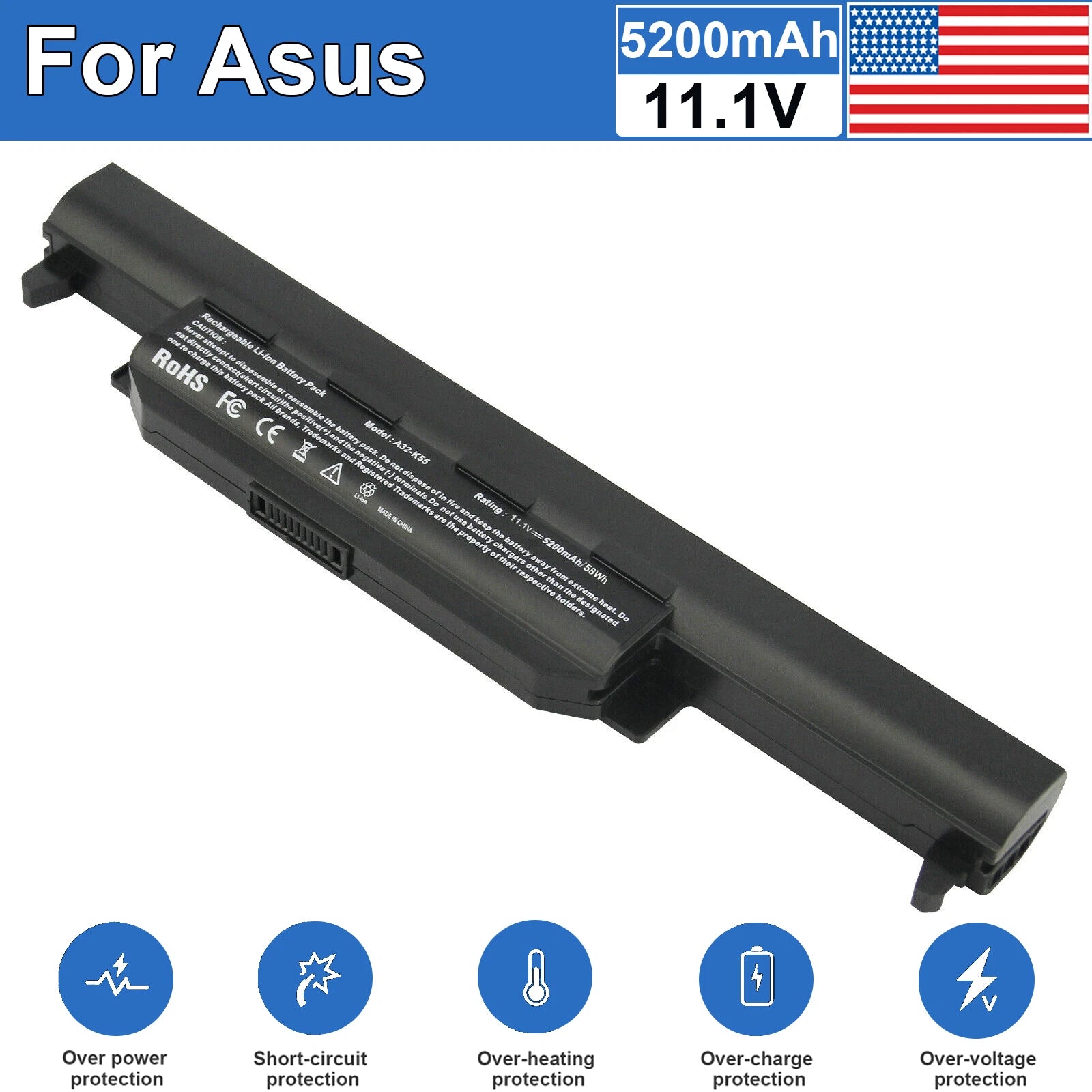 A32-K55 Battery for Asus A45 A45D A75 K55 K75 X45 X45A X55A A33-K55 A42-K55 58Wh
