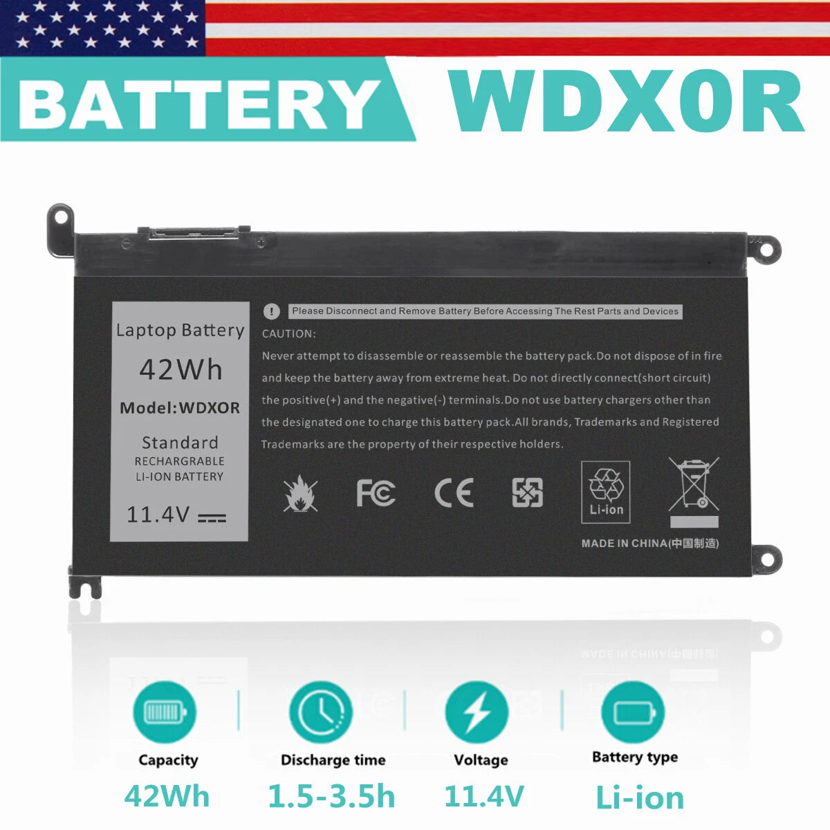 WDX0R WDXOR Battery for Dell Inspiron 13 5378 5368 5379 Latitude 3480 3580 FC92N