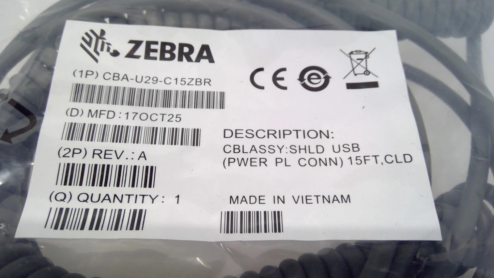 LOT OF 2 NEW Zebra CBA-U29-C15ZBR 15ft SHLD USB Data Cable