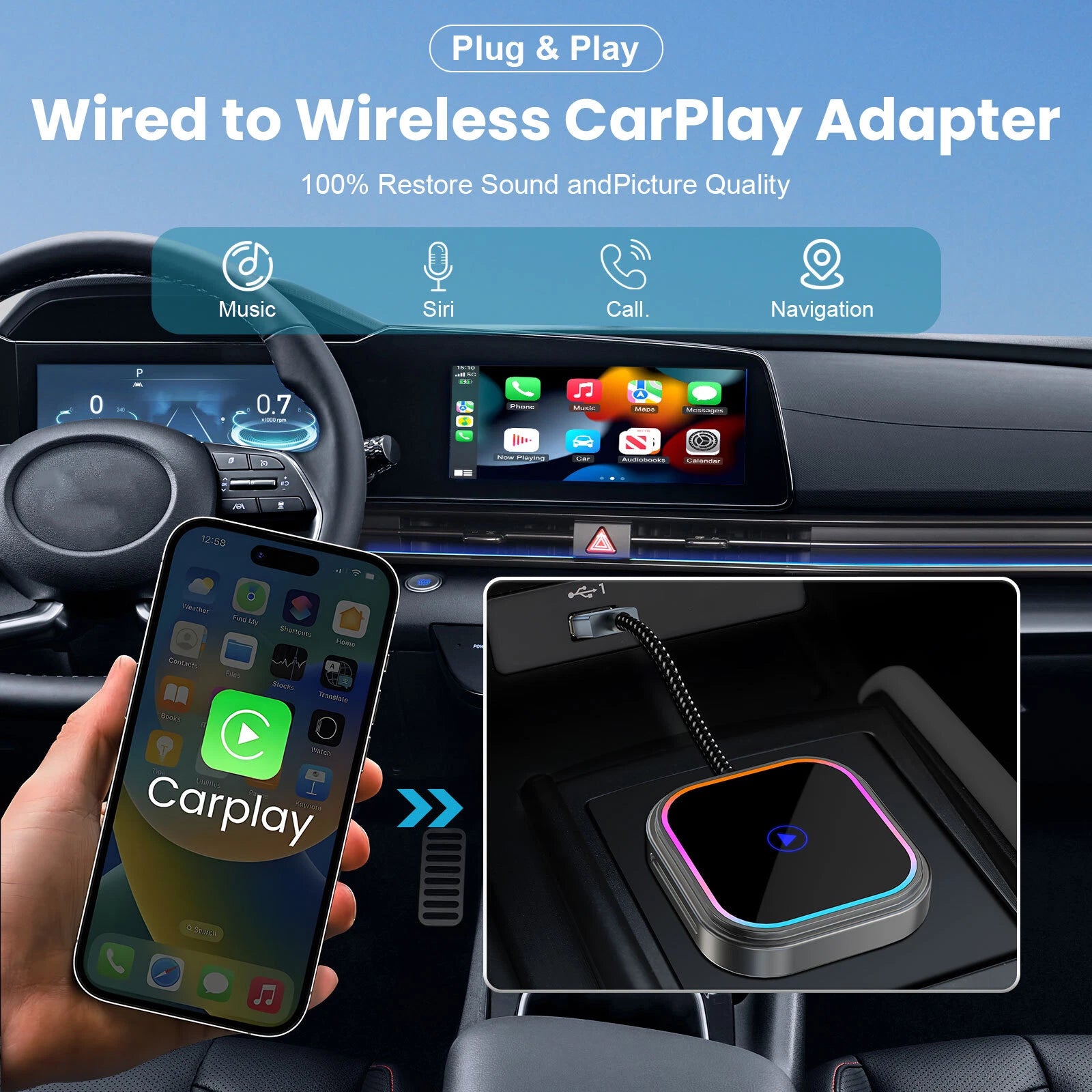 2 in 1 Wireless Carplay Adapter, Wireless Carplay and Android Auto Adapter 5.0