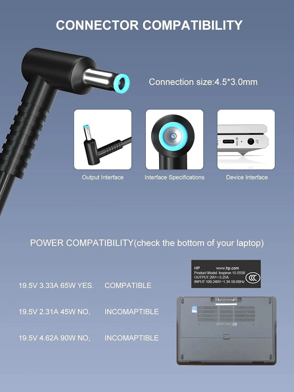 For HP 15 Laptop Charger 15-cs 15-cp 15-da 15-db 15-dy Power Supply Cord 65W