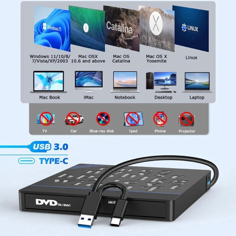 External CD DVD Drive USB 3.0 Type-C DVD-ROM CD-RW Laptop Player Burner Writer