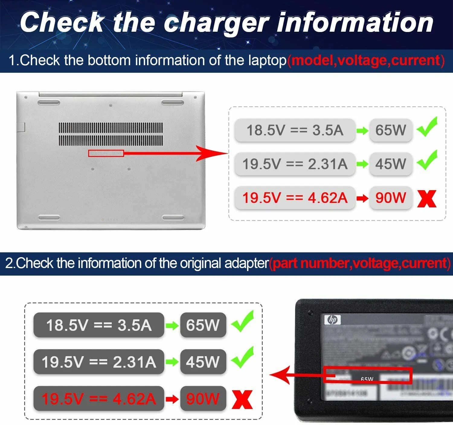 65W 18.5V 3.5A for HP 2000 Laptop Charger Pavilion AC Adapter Power Supply Cord