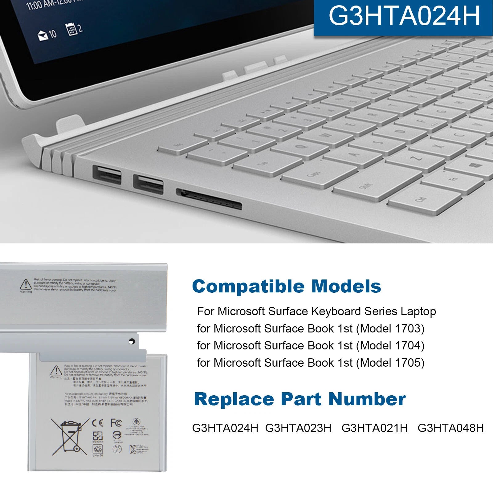 Keyboard Battery for G3HTA024H G3HTA023H G3HTA021H Microsoft Surface Book 1 1703