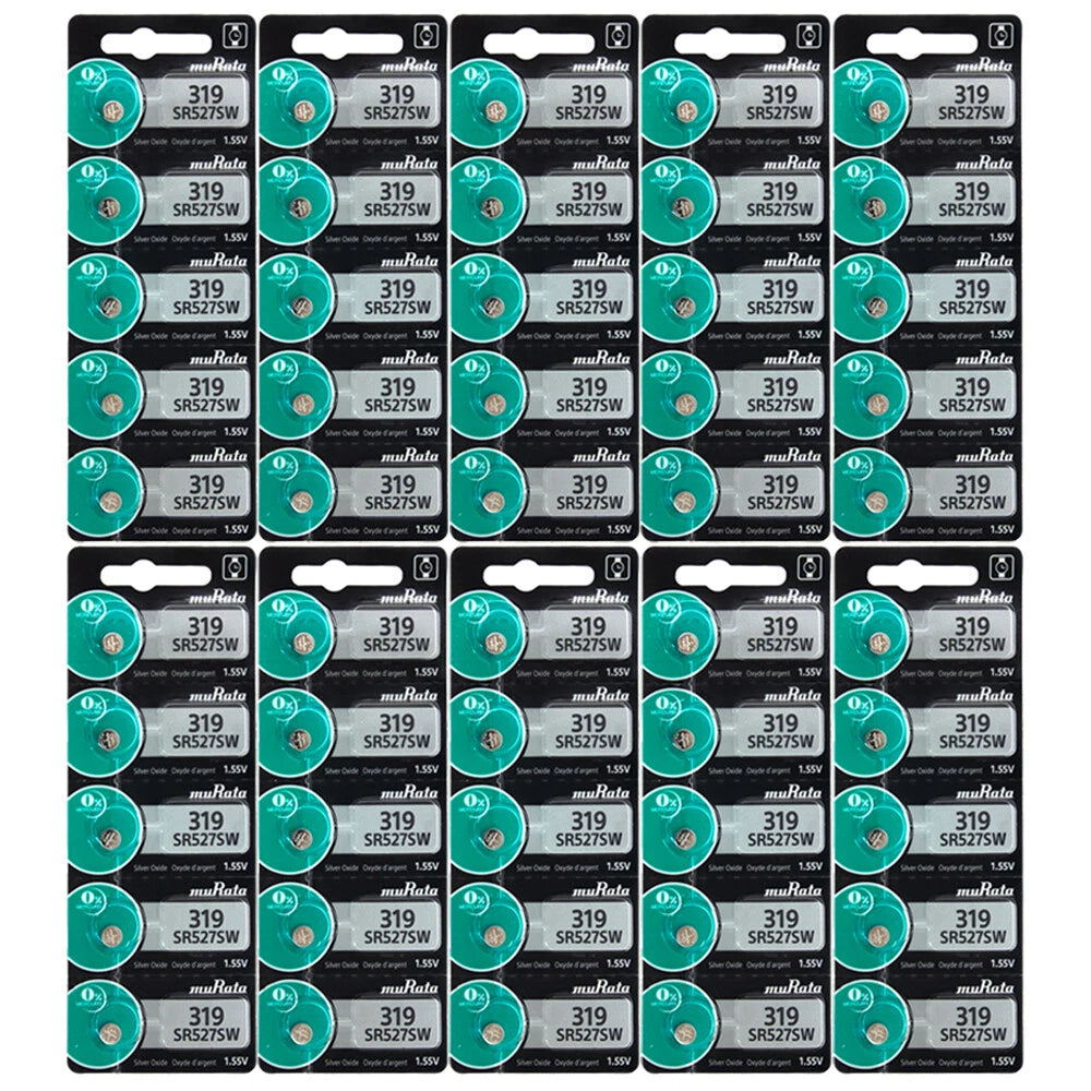 Murata 319 (SR527SW) 1.55V Silver Oxide Watch Battery (50 Pack)