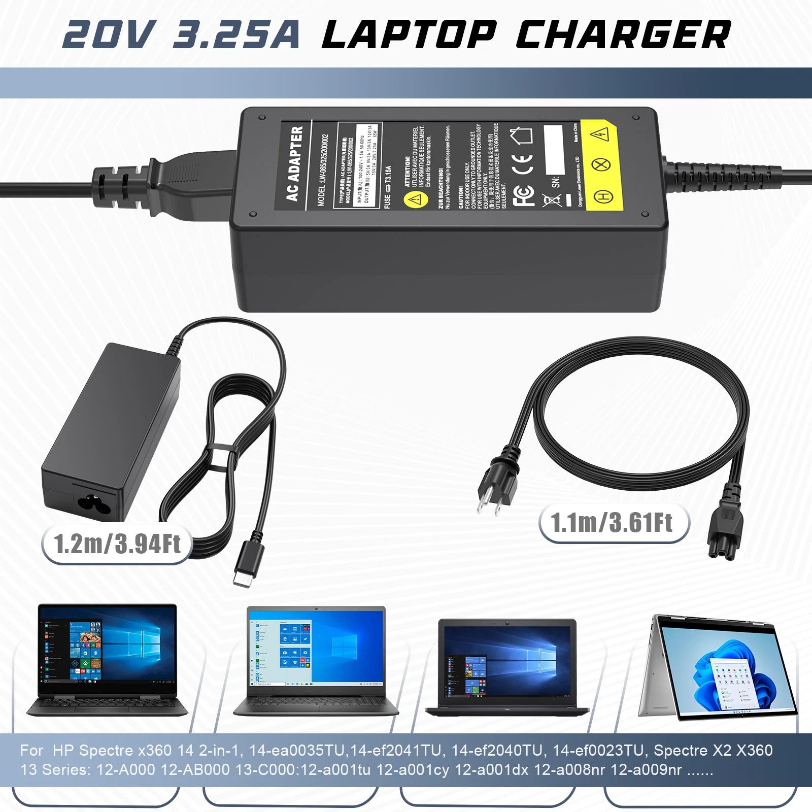 Slim 65W Adapter Charger USB C For HP Elitebook x360, Pavilion Envy Elite x2 US