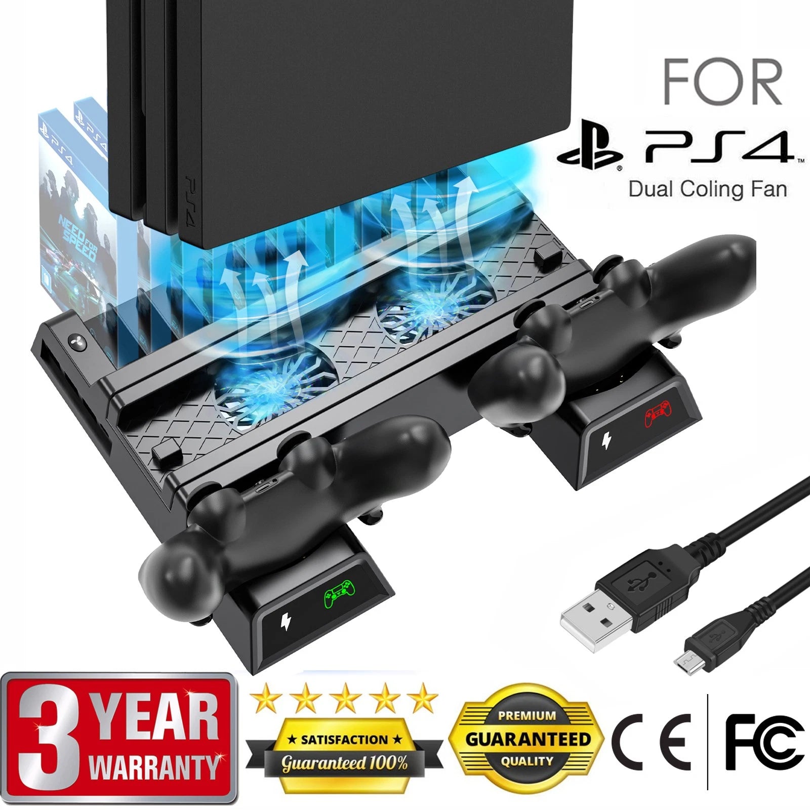 Stand Cooling Fan Controller Dual Charger Station For PlayStation 4 PS4 Slim/Pro