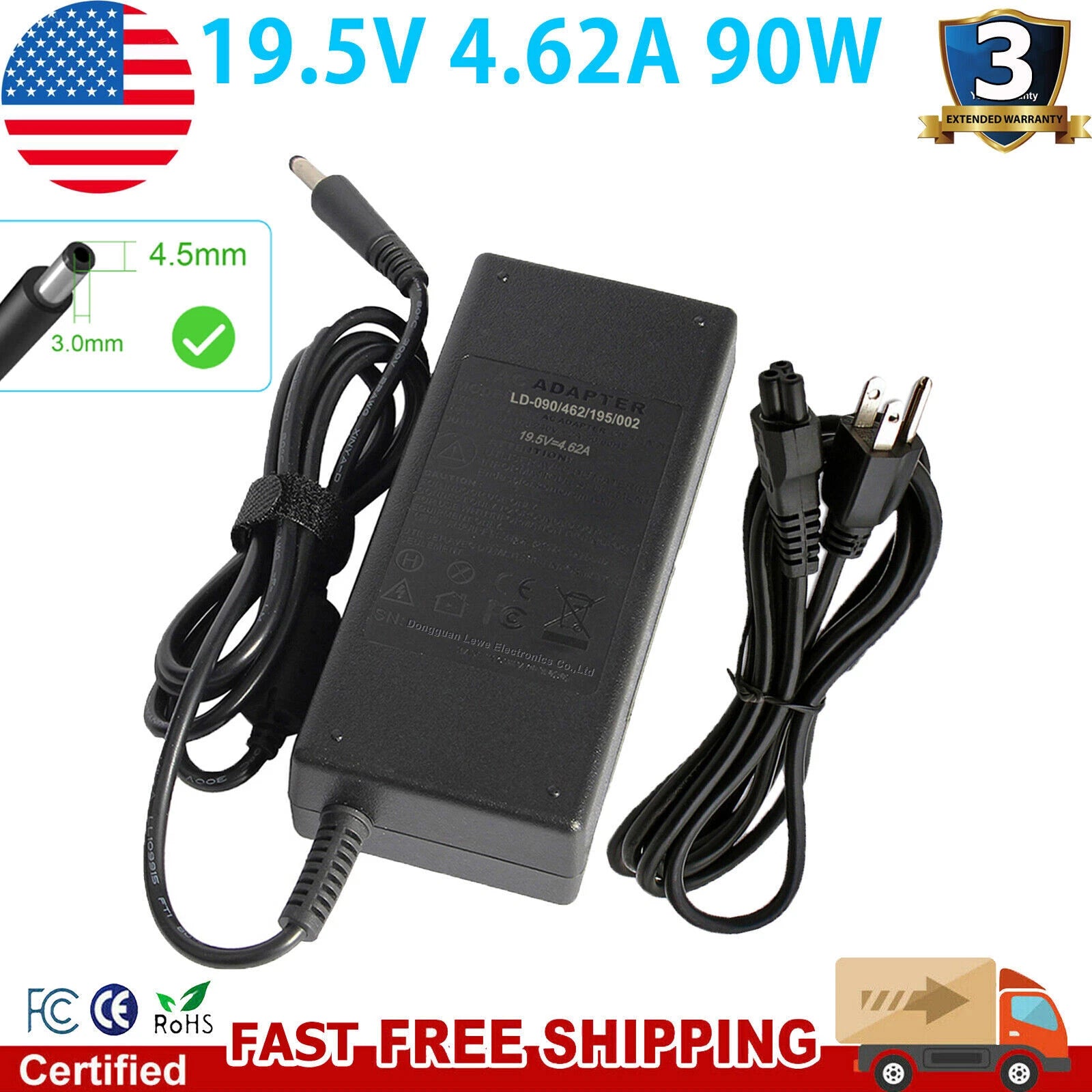 ?90W 19.5V 4.62A 4.5*3.0mm AC Charger Power Adapter For Dell Laptop 2.5M Cable