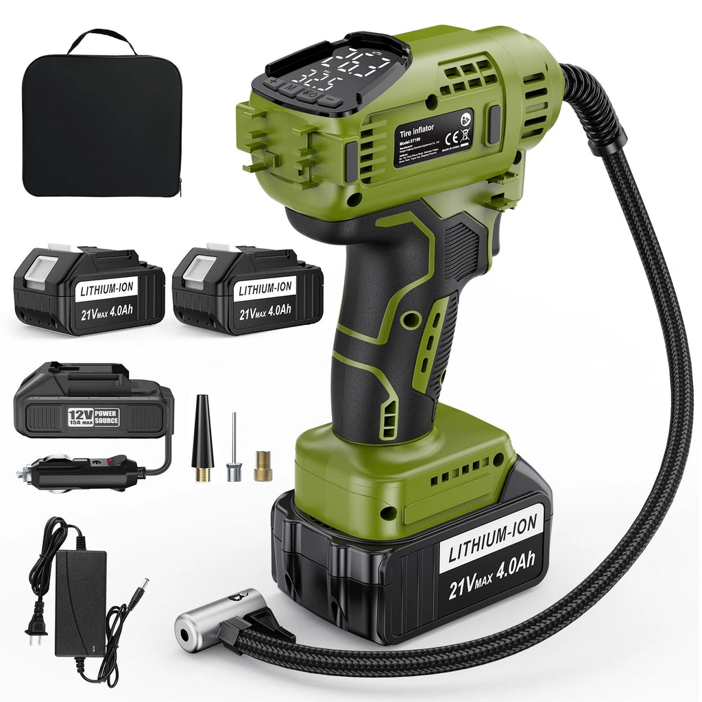 Cordless Tire Inflator Air Compressor 12V Car Tire Pump 21V Rechargeable Battery