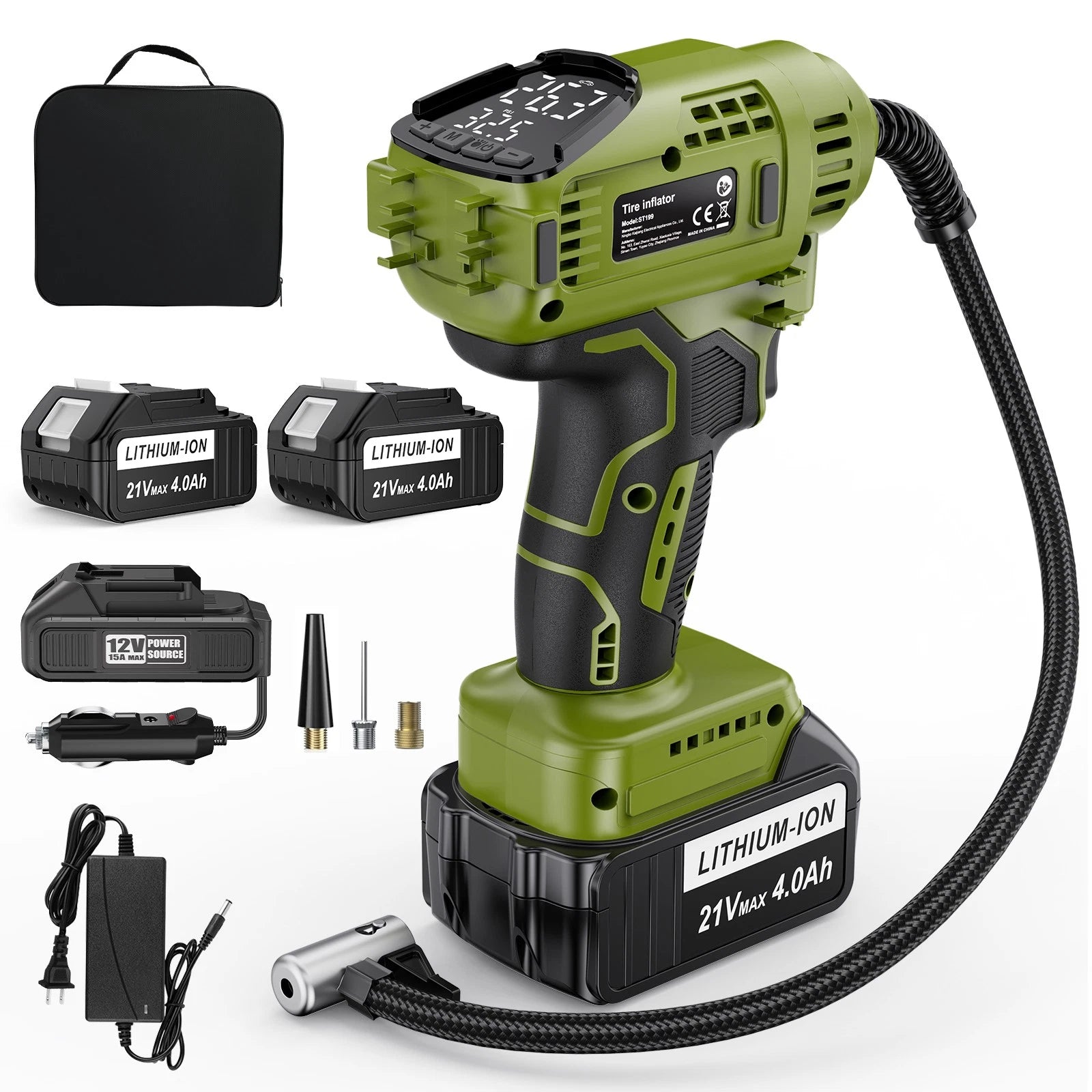 Cordless Tire Inflator Air Compressor 12V Car Tire Pump 21V Rechargeable Battery