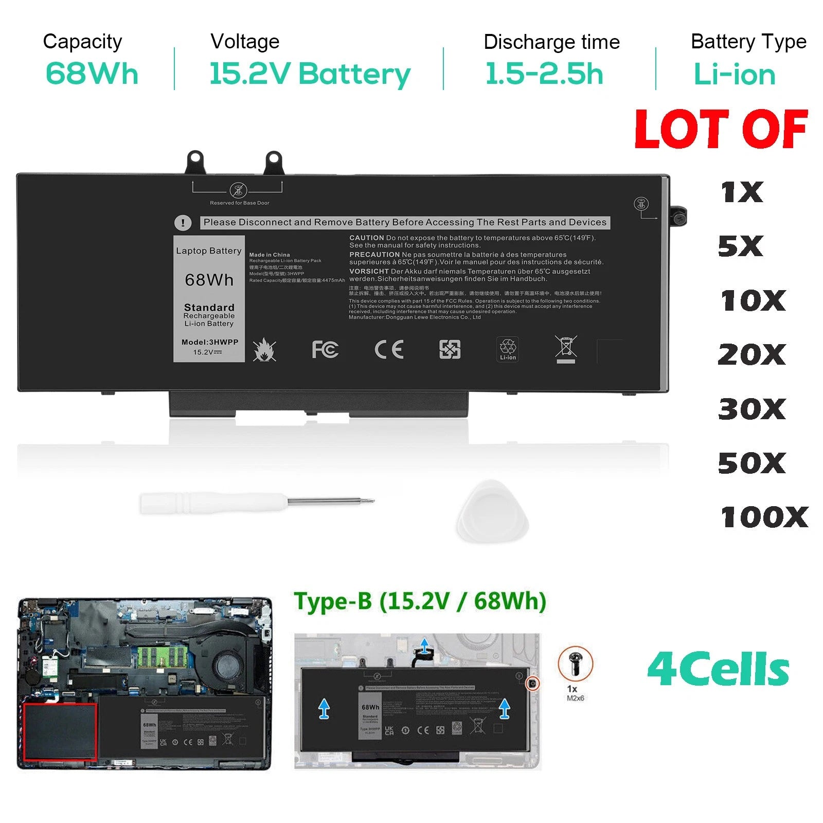 LOT 3HWPP Battery For Dell Latitude14 5401 5411 15 5501 5511 Precision 3541 68Wh