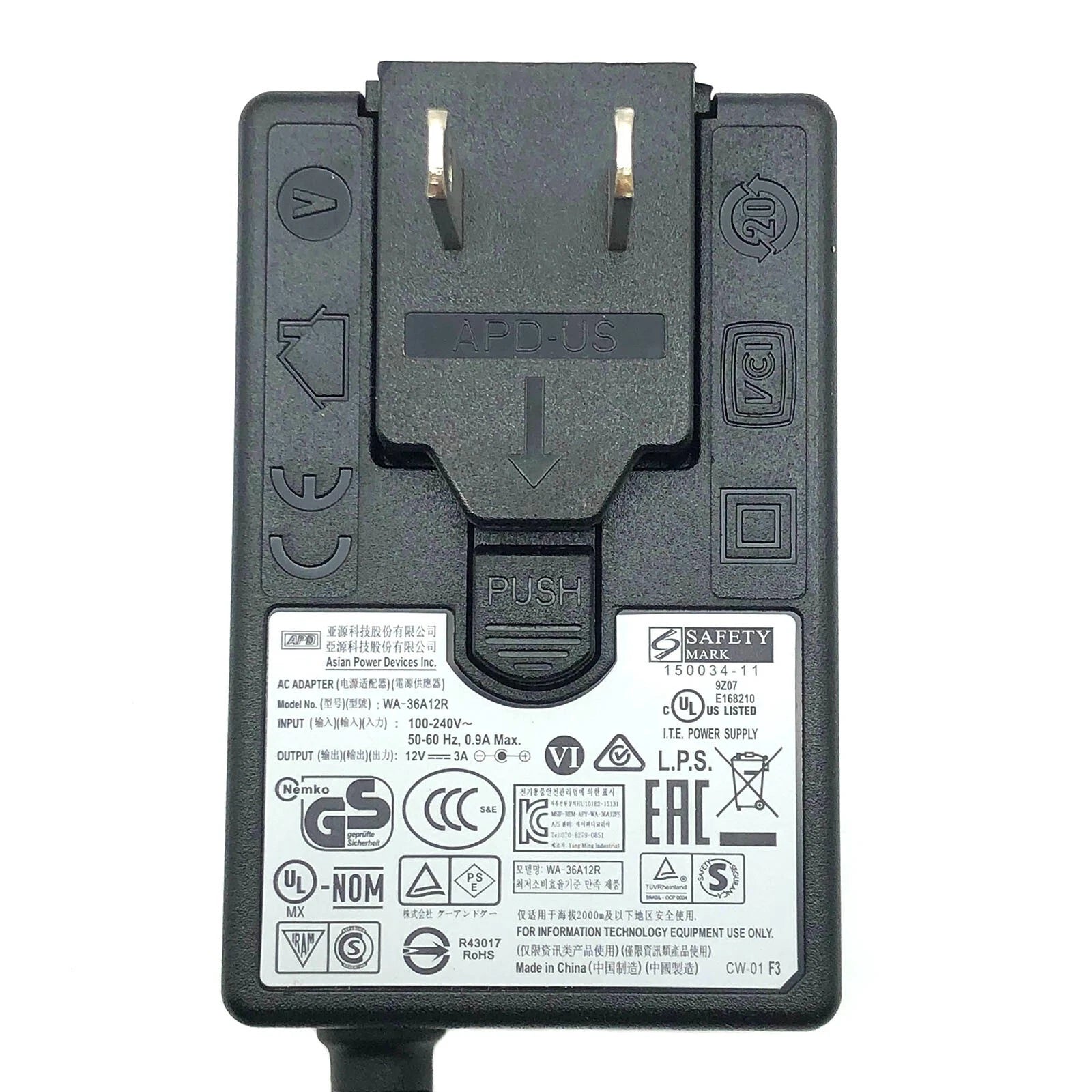 NEW Original APD WA-36A12R Wall Plug-In AC Adapter WA-36A12 12V 3A Power Charger
