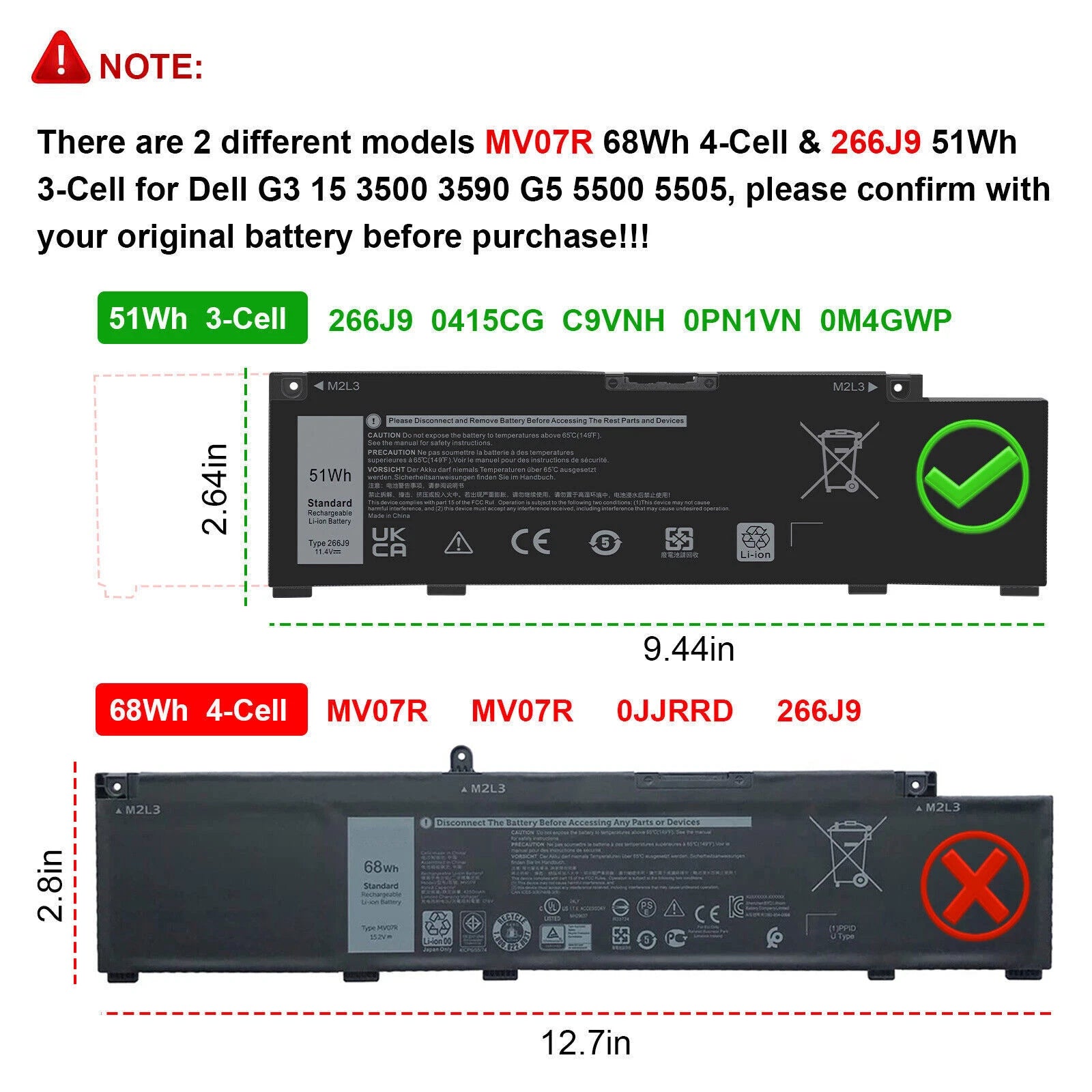 51Wh 266J9 MV07R Battery for Dell G3 15 3500 3590 3790 G5 15 5500 SE 5505 P89F