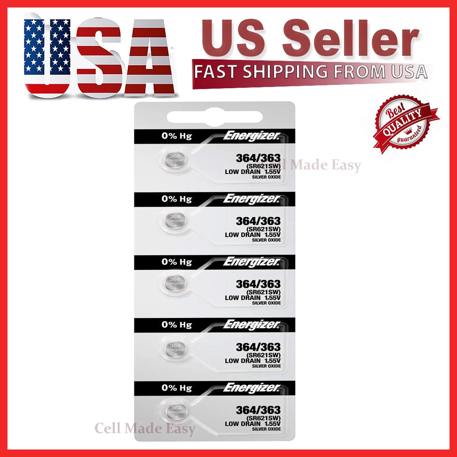 5 x Fresh Stock Energizer Watch Silver Oxide Batteries 364/363 SR621SW Battery