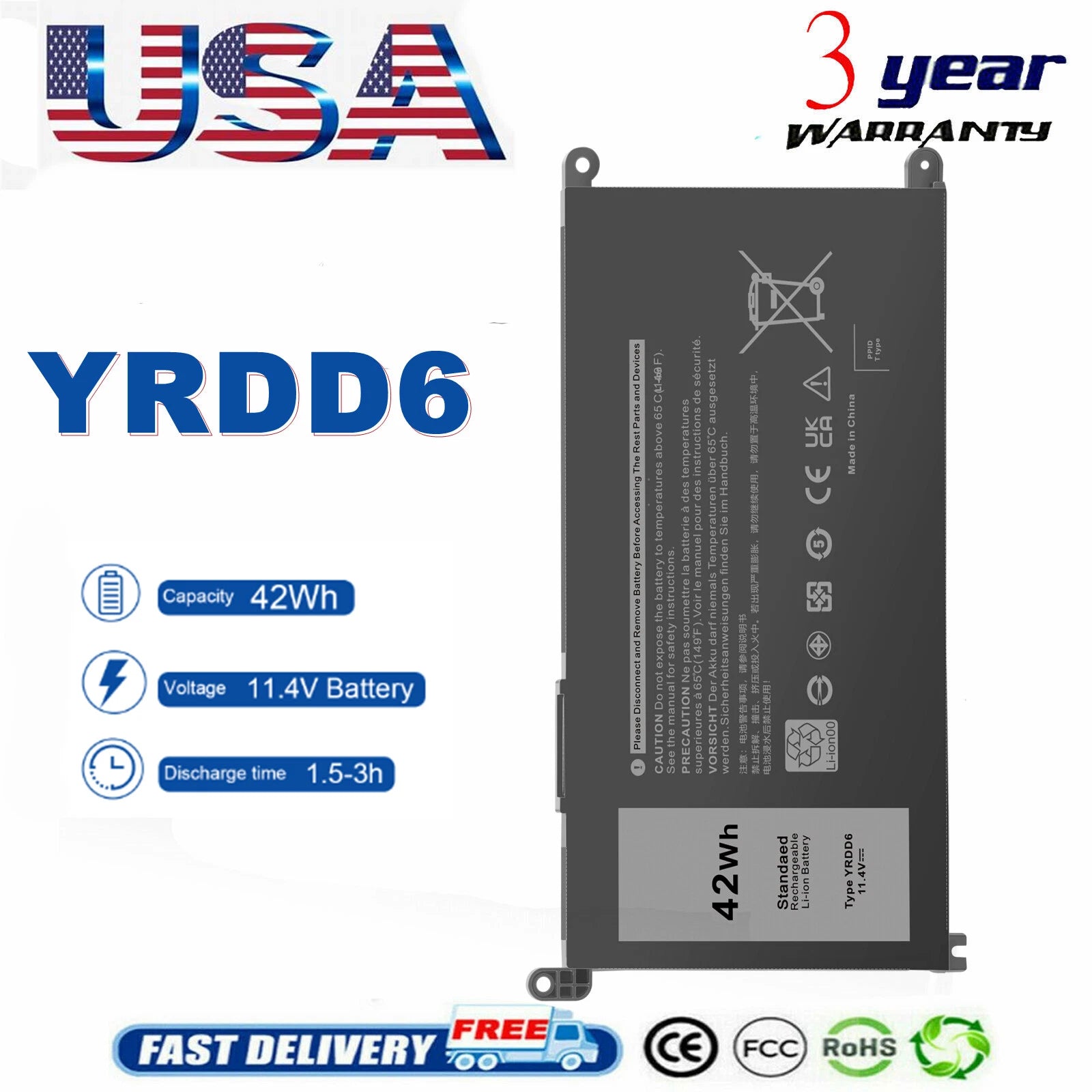 YRDD6 Battery For Dell Inspiron 3493 3582 3583 3584 3793 Latitude 3310 VM732