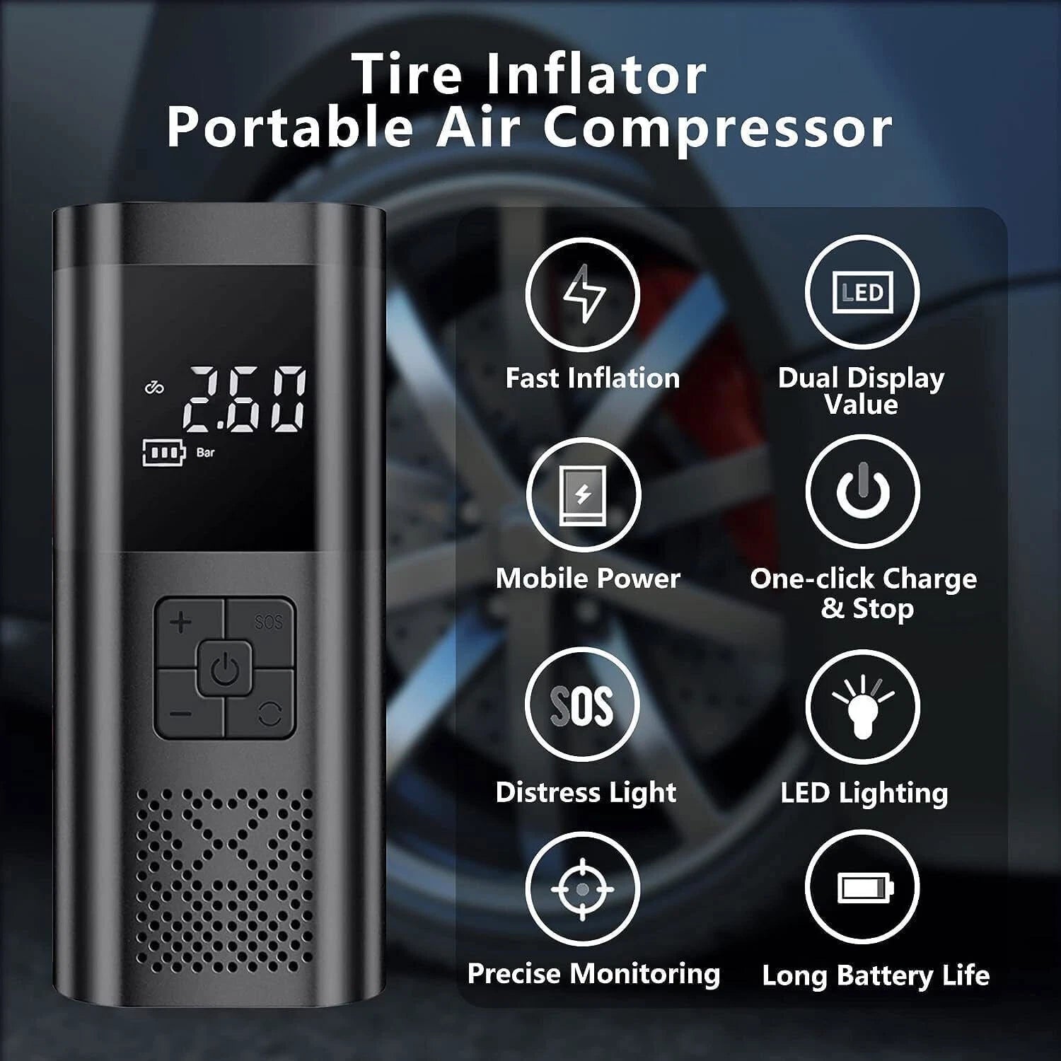 Car Cordless Tire Inflator Air Compressor 12V USB Rechargeable Battery 150PSI