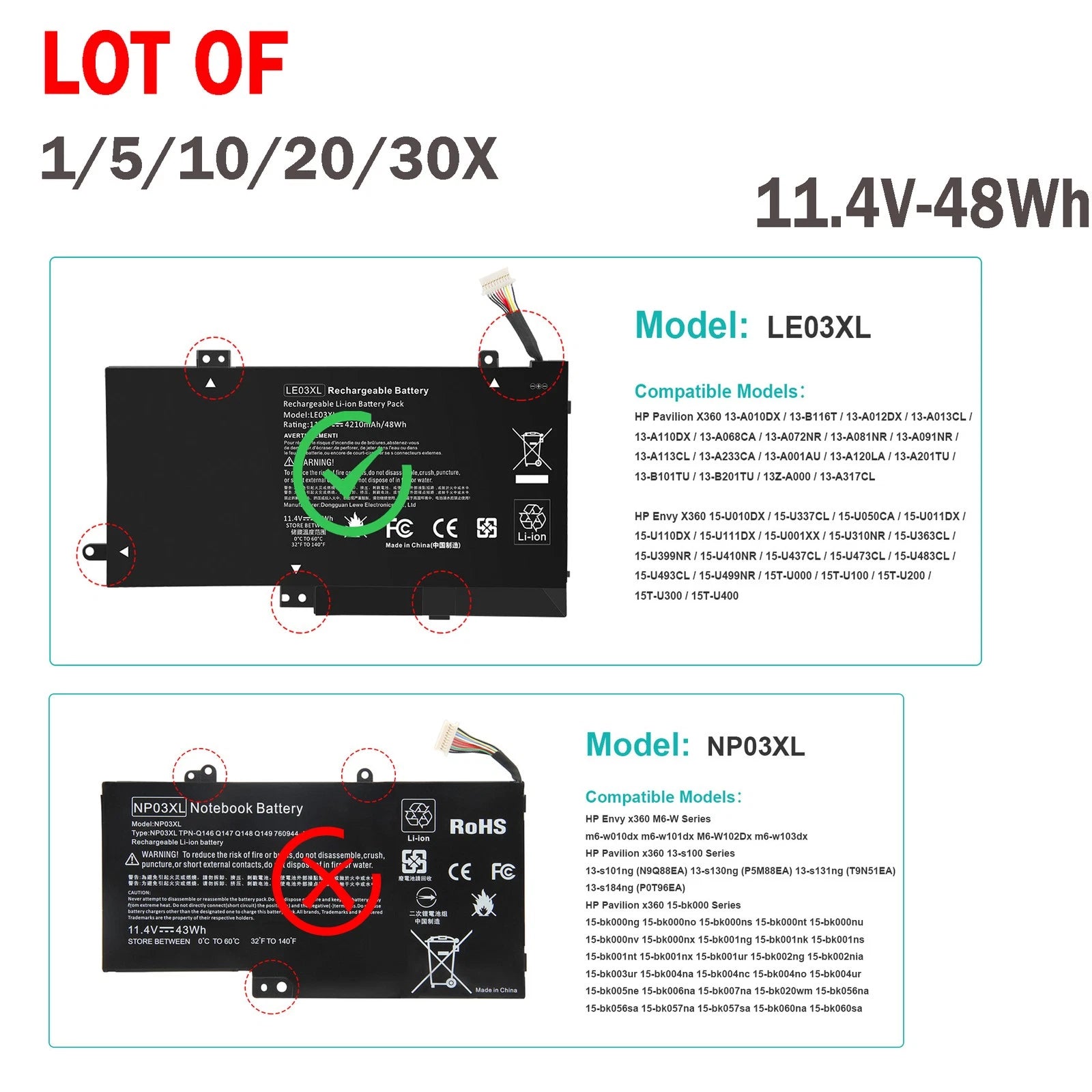 ??LOT 30X LE03XL Battery For HP Envy x360 M6-W 796356-005 13-S099n 796220-541