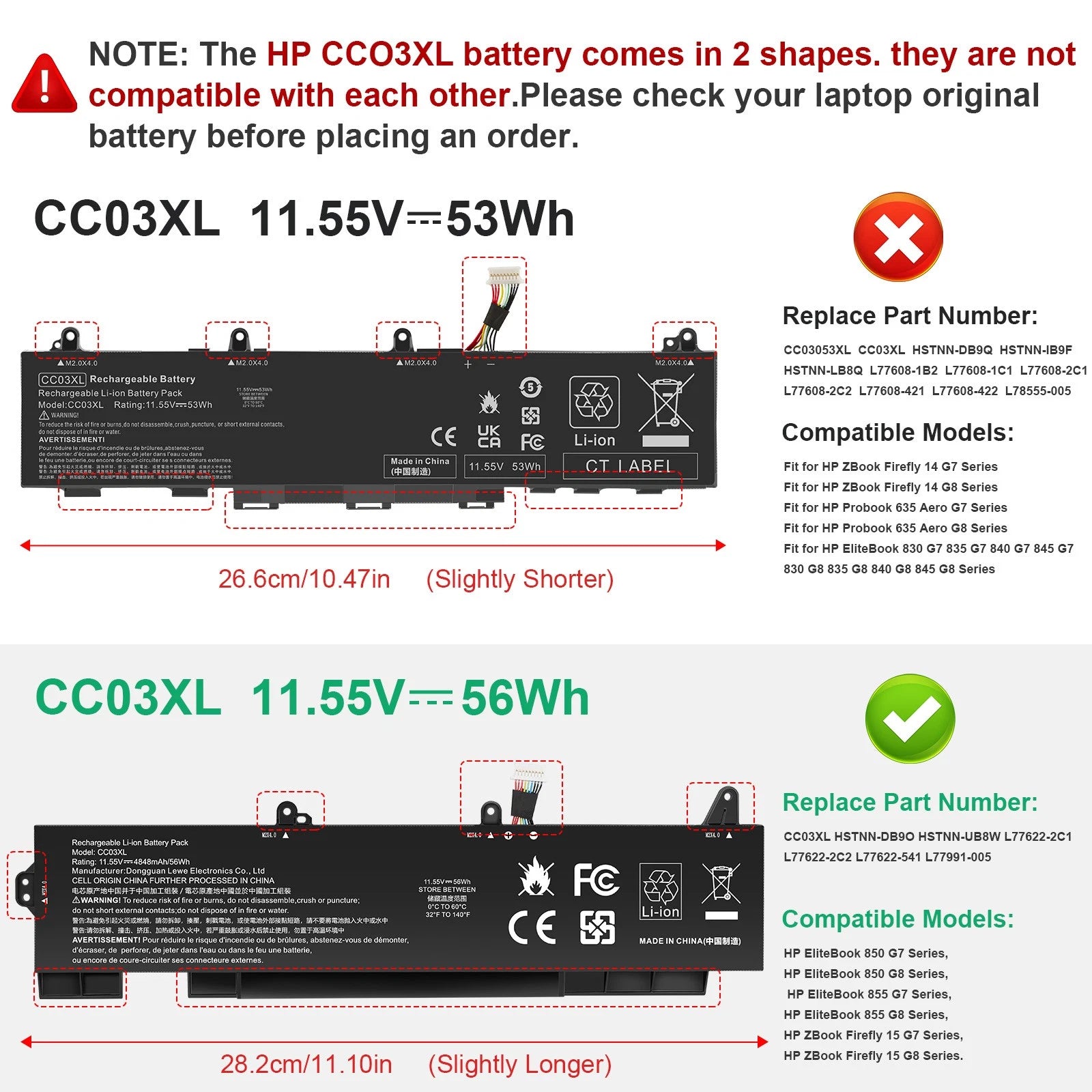 CC03XL 56Wh Battery For HP ZBook Firefly 15 G7 G8 EliteBook 855 850 G7 G8 11.55V