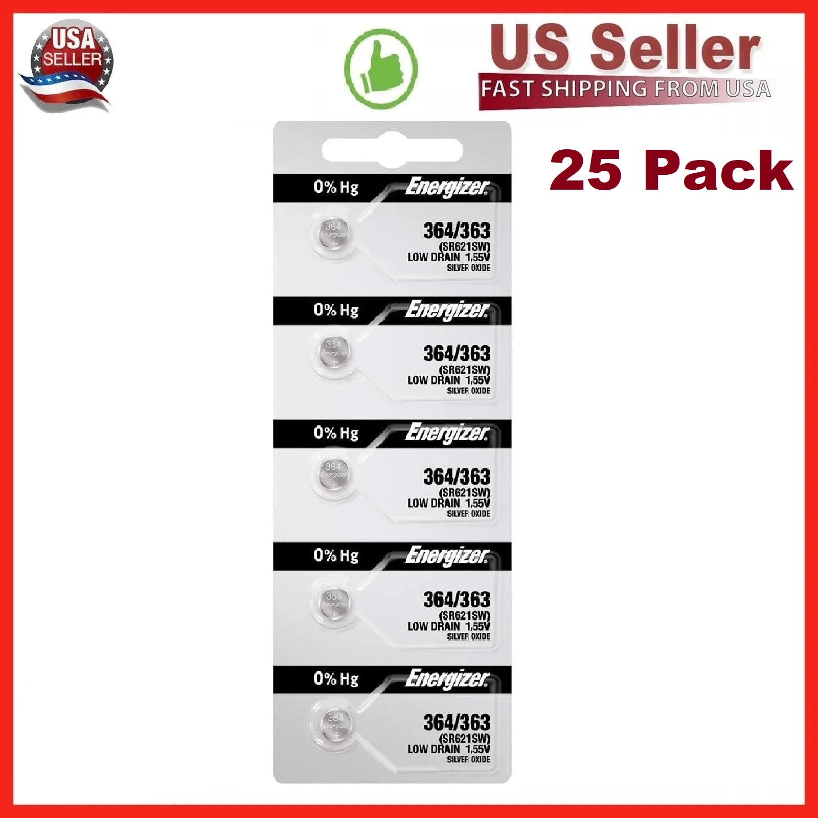 25 x Fresh Stock Energizer Watch Silver Oxide Batteries 364/363 SR621SW Battery