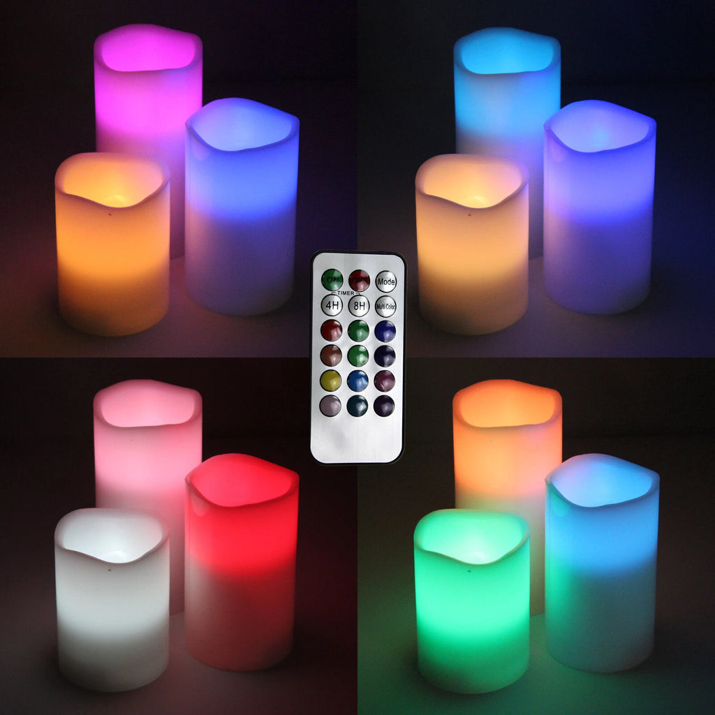 3 pc Color Changing Flameless Battery Operated LED Candles Remote Control Timer