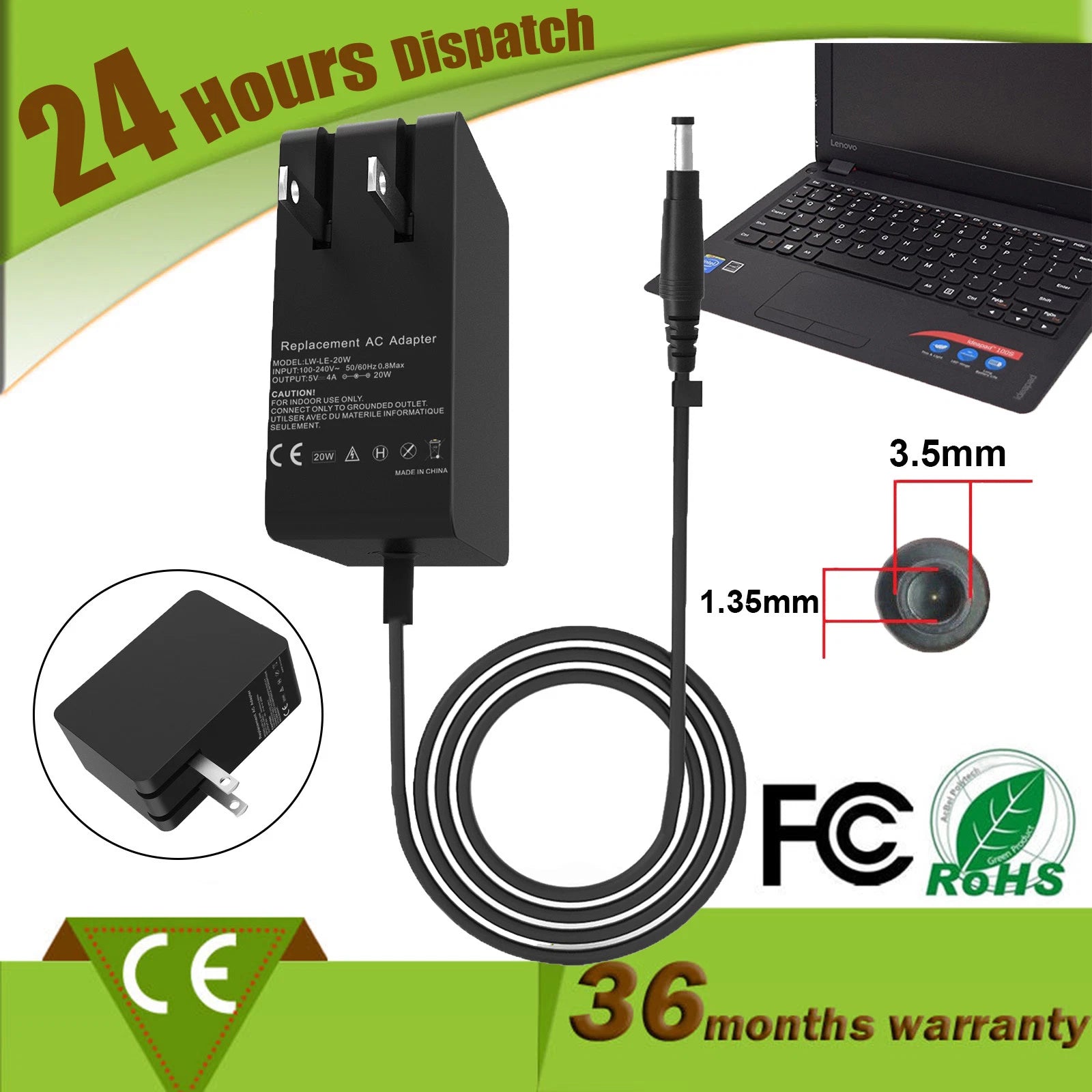 AC Adapter For Lenovo Ideapad 100S-11IBY 5V 4A 20W Power Supply Battery Charger