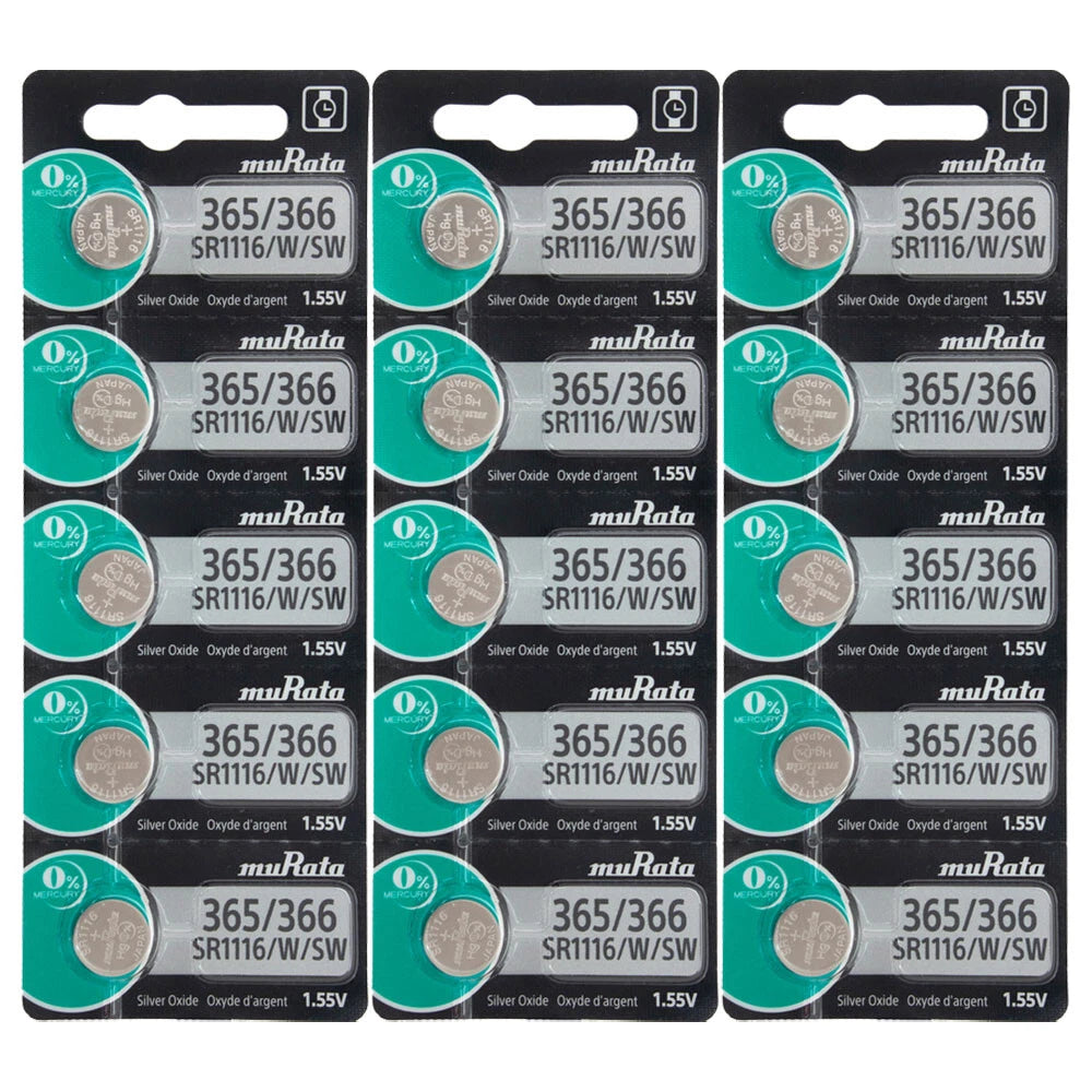 15 Pcs Murata 1.55V Button Cell Battery 365 SR1116W - Replaces Sony