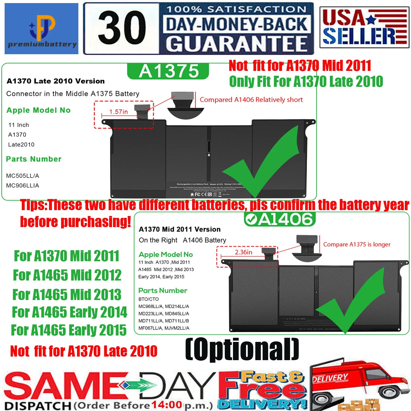 A1375/A1406 Battery for MacBook Air 11''A1370 Late 2010 Mid 2011 A1465 Mid 2012