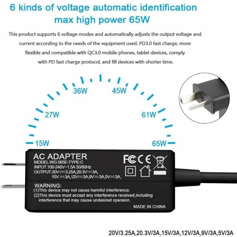 65W watt Type-C USB-C Laptop Adapter Charger For Dell HP Lenovo ASUS Acer Chrome