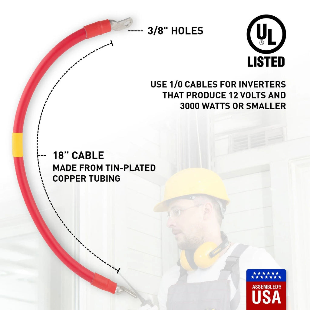 1/0 Red Battery Interconnect Cable 18" with 3/8" Lugs ASSEMBLED IN USA