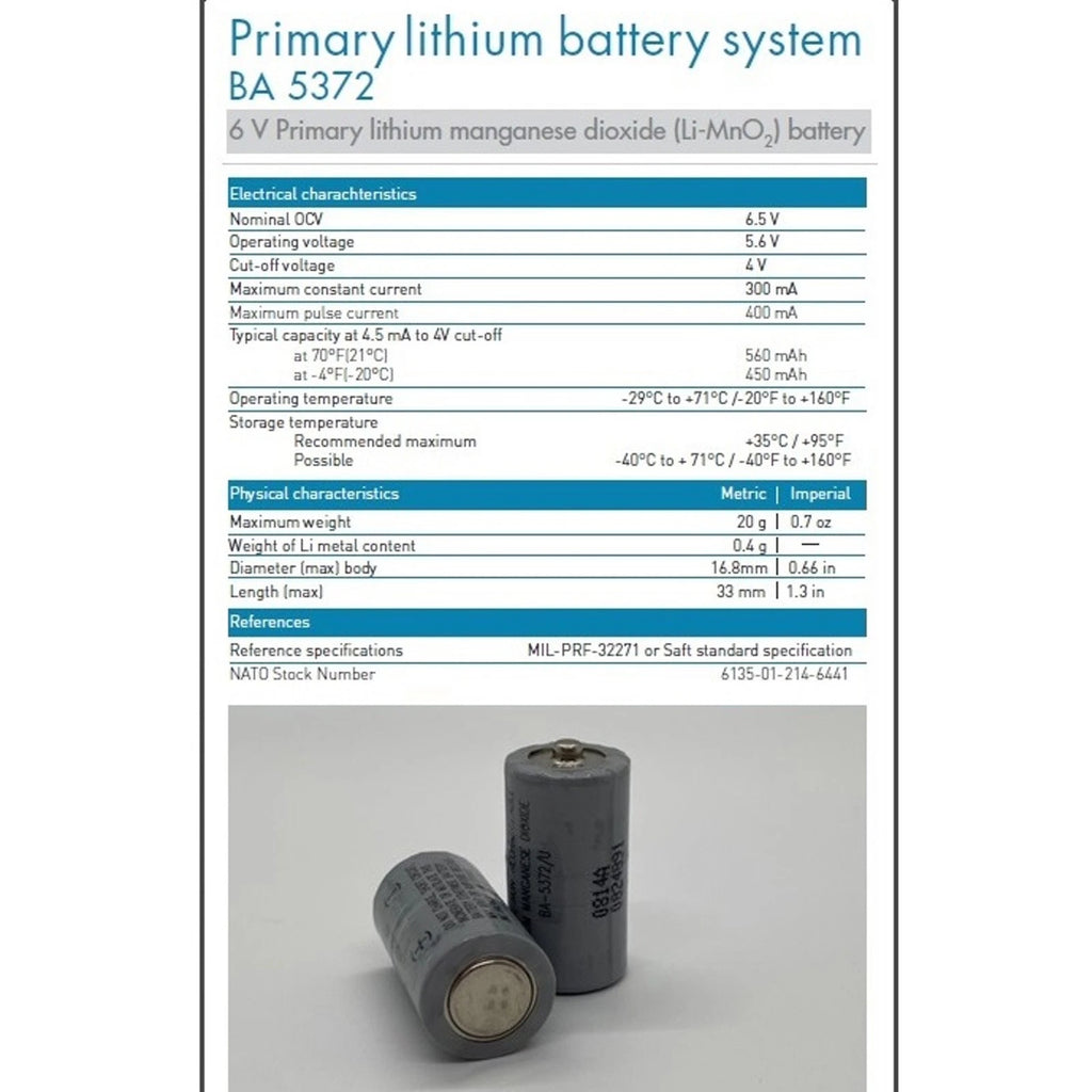 Saft BA5372/U 6V 500mAh Lithium Li-MnO2 Battery 6135-01-214-6441,39171300201