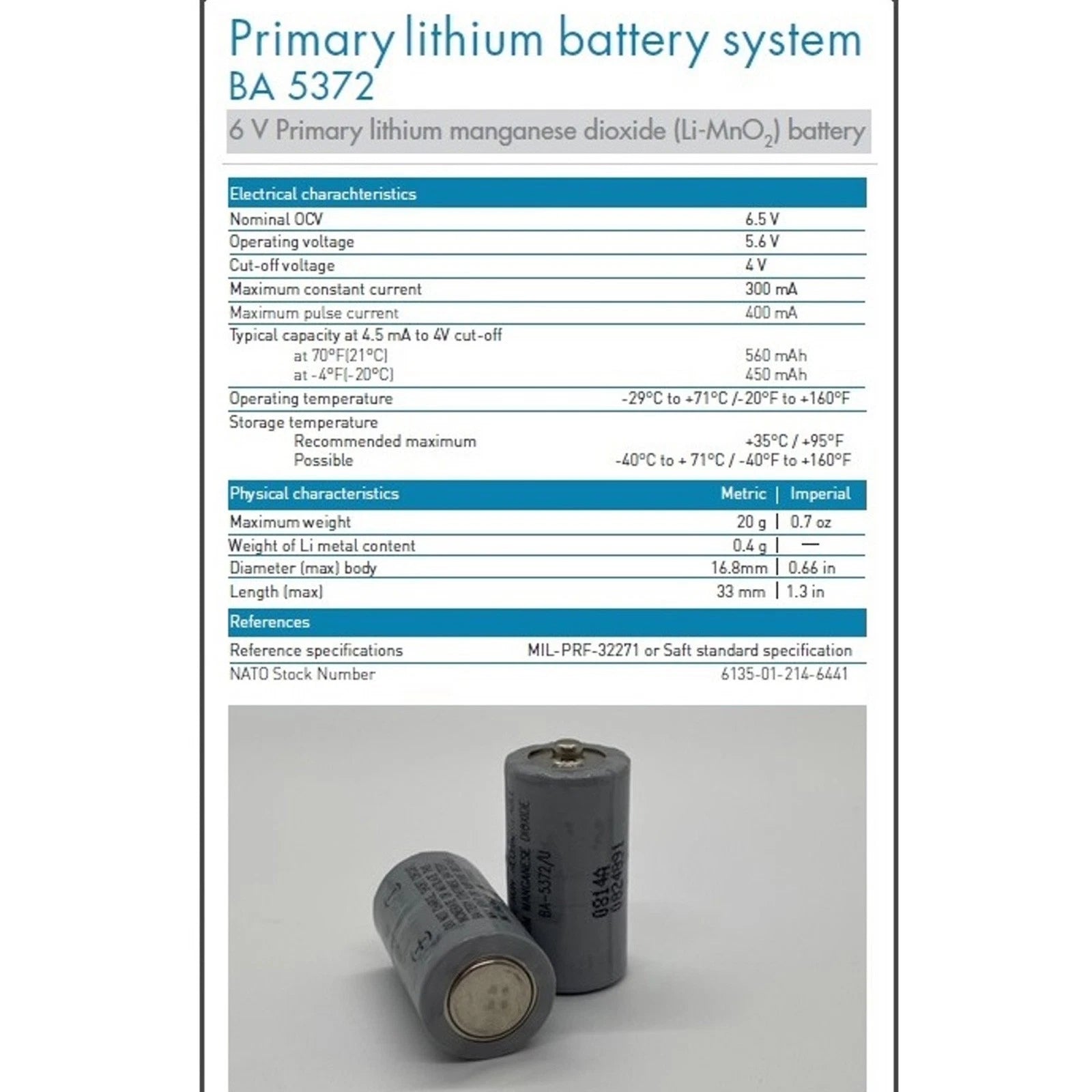 Saft BA5372/U 6V 500mAh Lithium Li-MnO2 Battery 6135-01-214-6441,39171300201