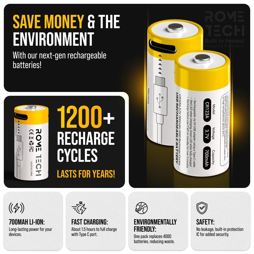 CR123A Rechargeable Batteries 3.7V 700 mAh with USB-C Charging Cable - 4 Pack
