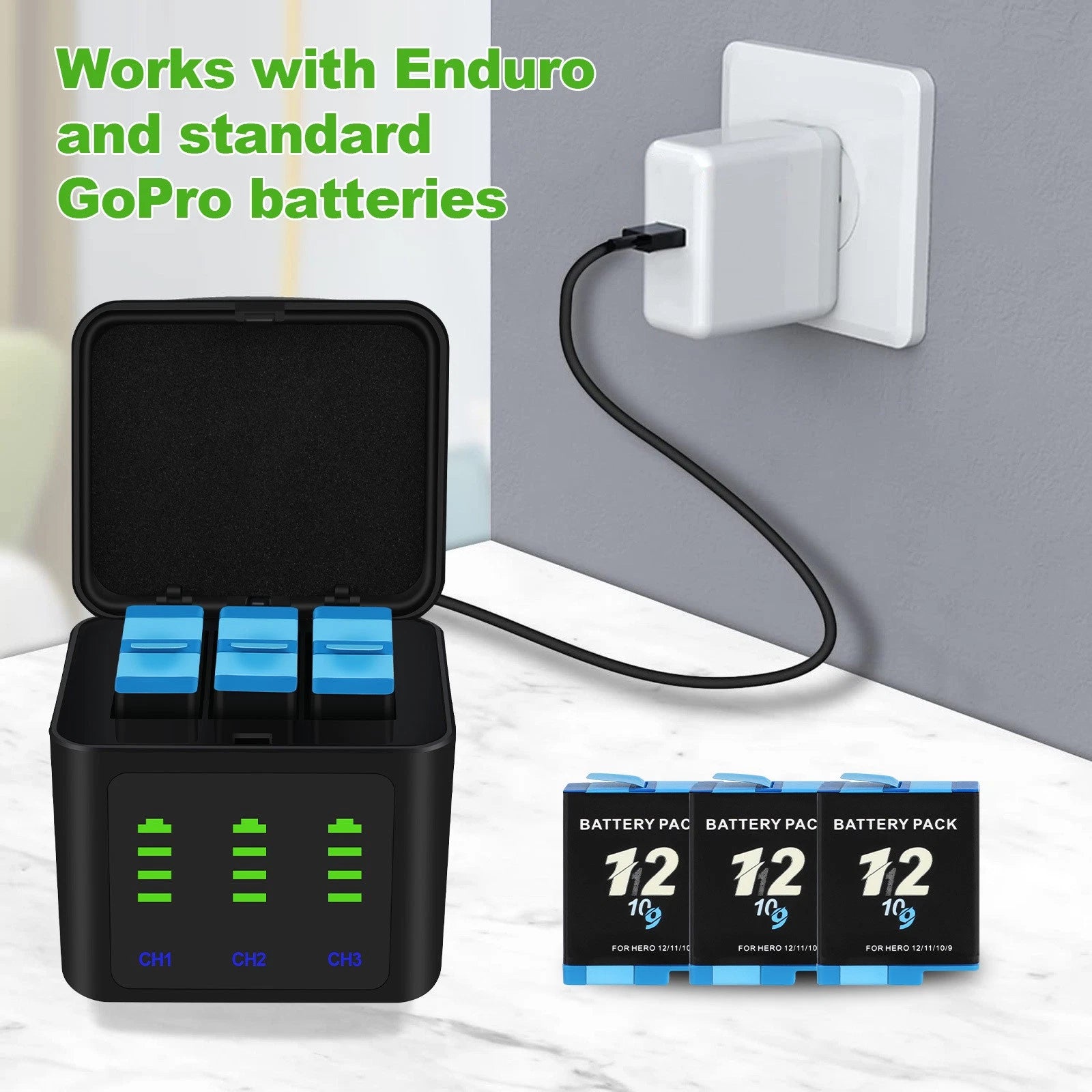 3-Pack Hero 11 Battery & 3-Channel Charging Station for GoPro Hero 11 10 9 Black