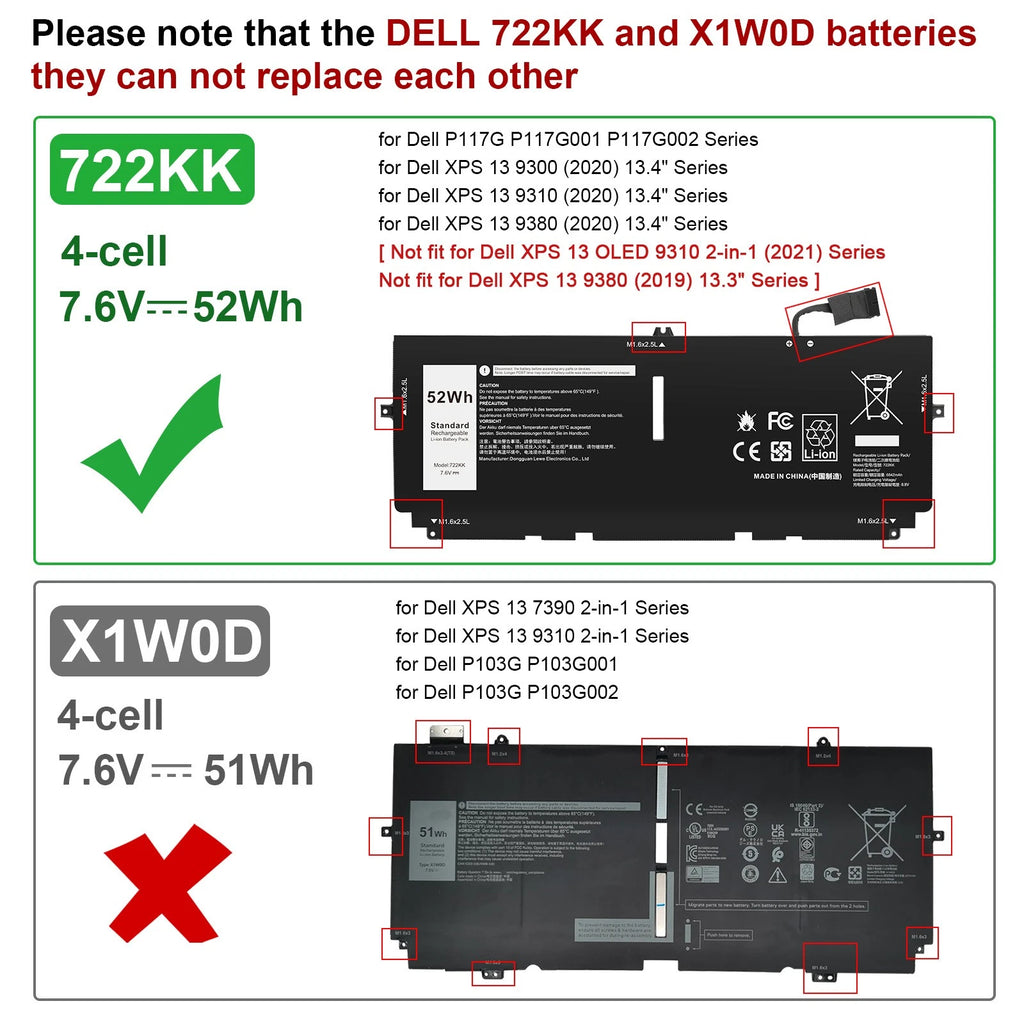 NEW 52WH 722KK Battery For DELL XPS 13 9310 9300 9380 0WN0N0 WN0N0 02XXFW 2XXFW