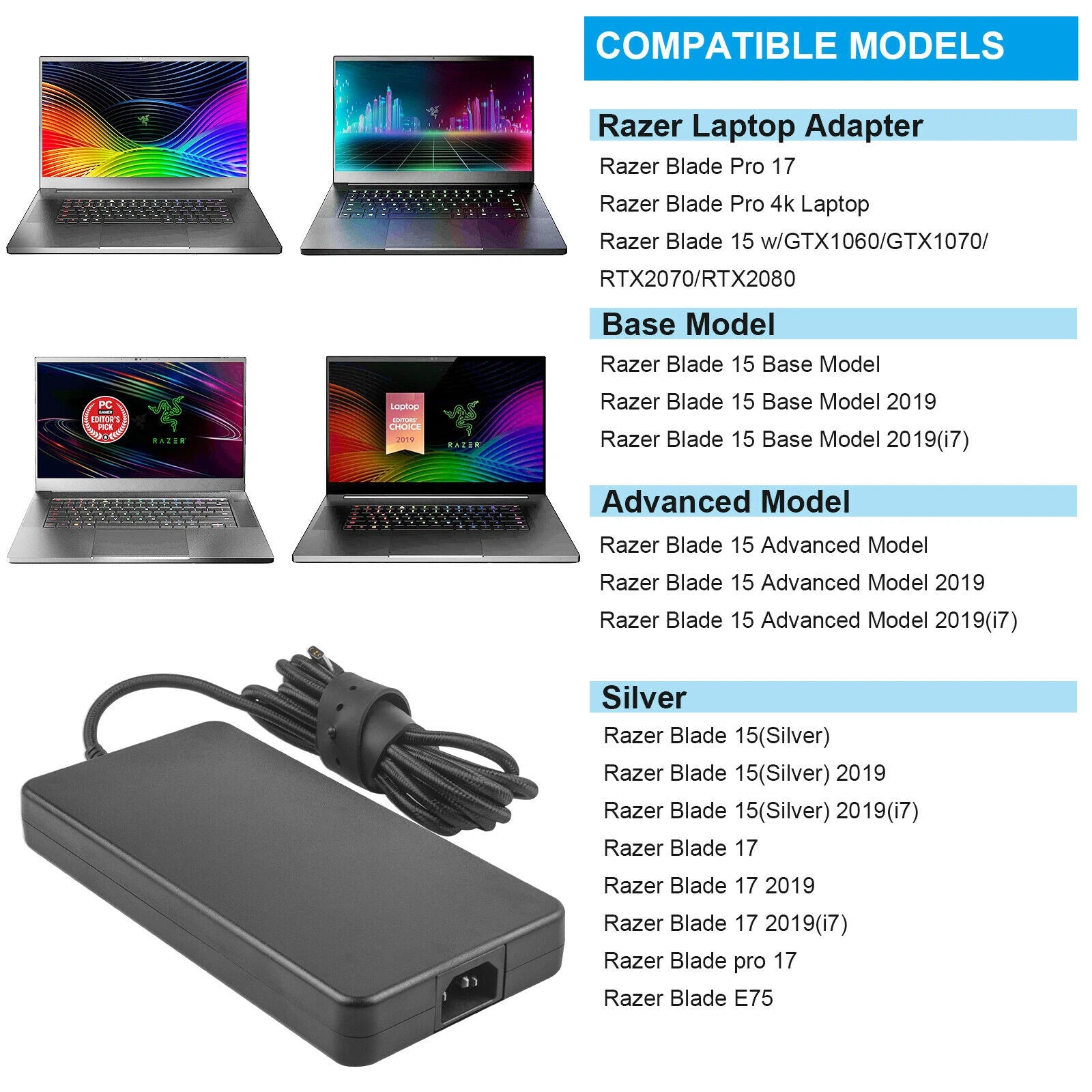 230W AC Adapter Charger For Razer Blade Pro 17 4k Razer Blade 15 GTX1060 GTX1070