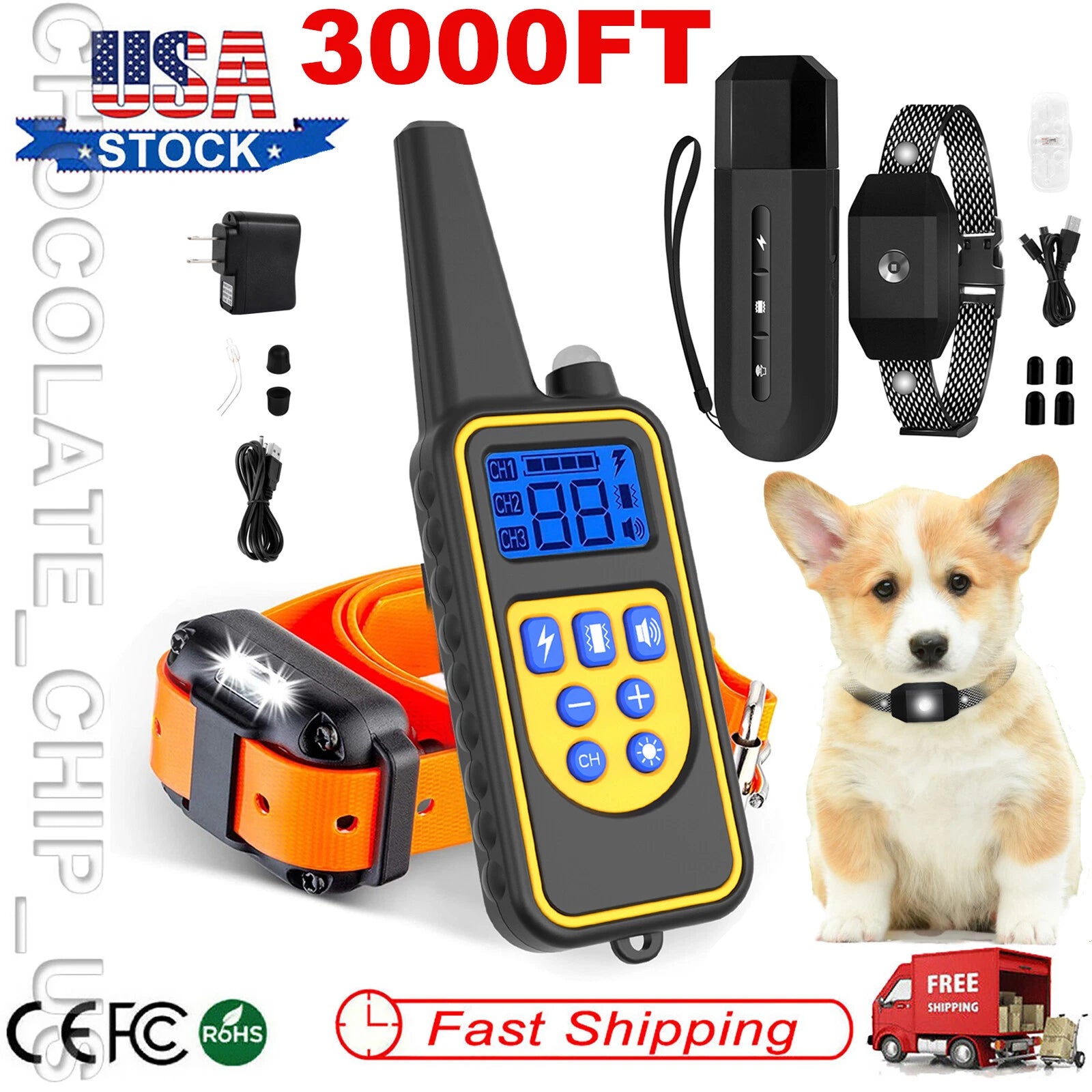 3000FT Dog Training Collar Rechargeable Remote Shock PET Waterproof Trainer US