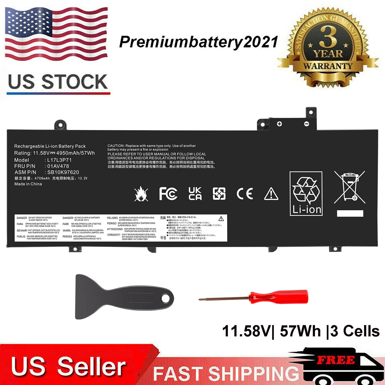NEW 57Wh Battery For Lenovo ThinkPad T480s L17L3P71 01AV478 01AV479 L17M3P71