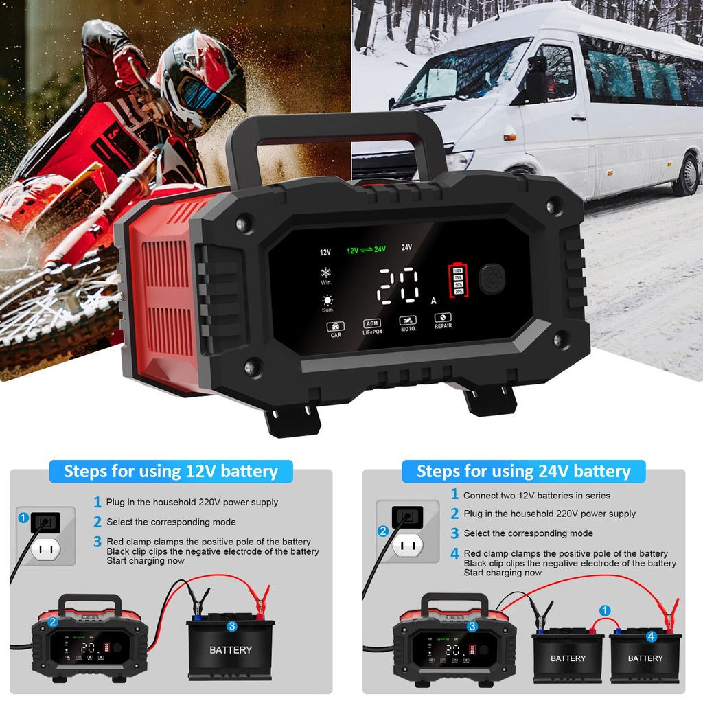 20Amp 12V/24V Car Battery Charger Lithium Lead-Acid AGM/Gel/SLA LiFePO4 Battery