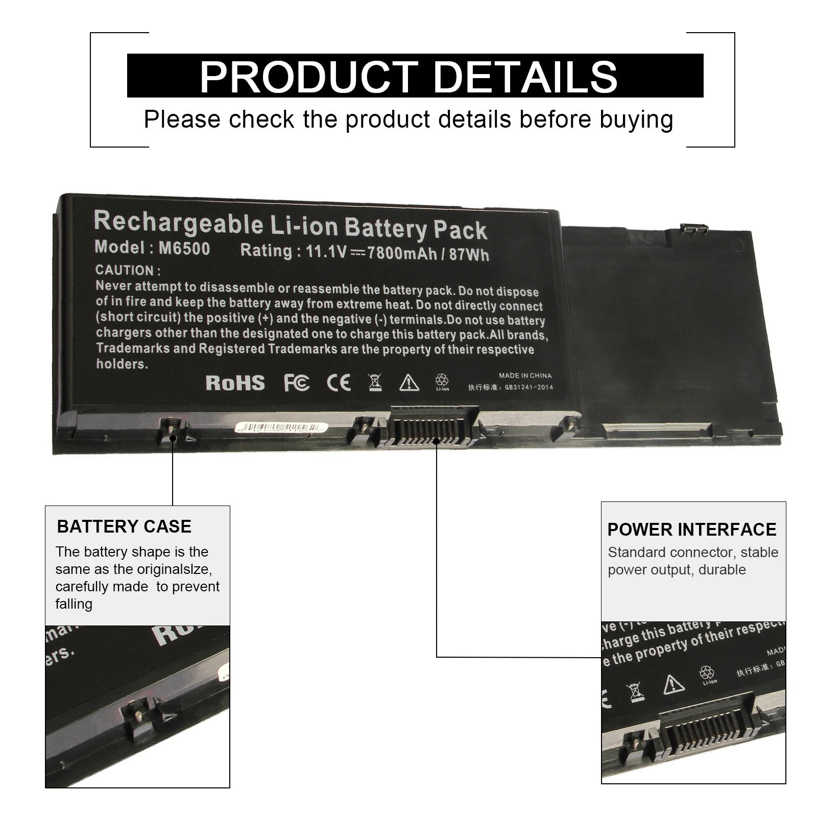 Battery for Dell Precision M2400 M4400 M6400 M6500 8M039 C565C 312-0873 7800mAh