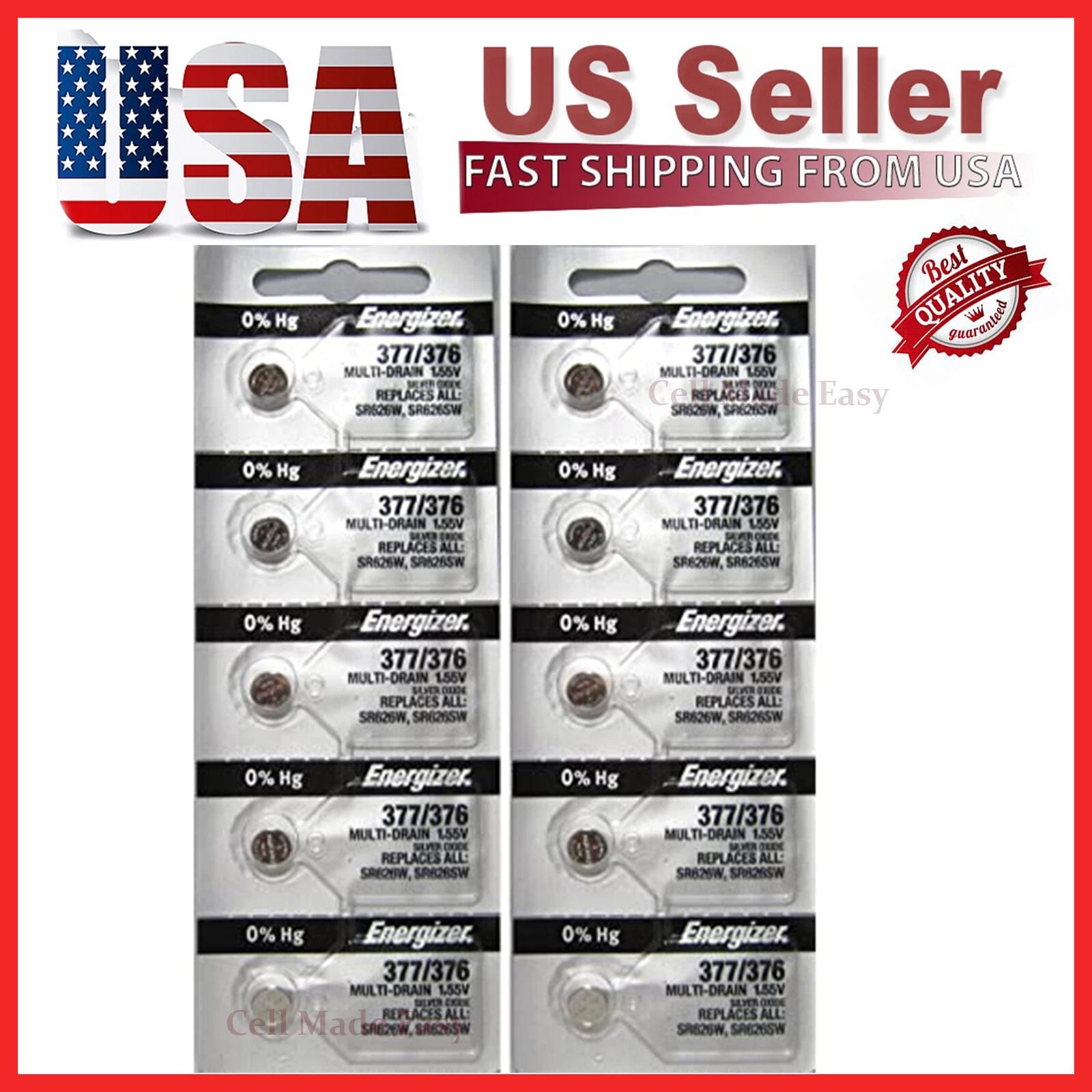 10 Pack-New Energizer 377 376 WATCH BATTERY SR626SW SR626W Silver Oxide Battery