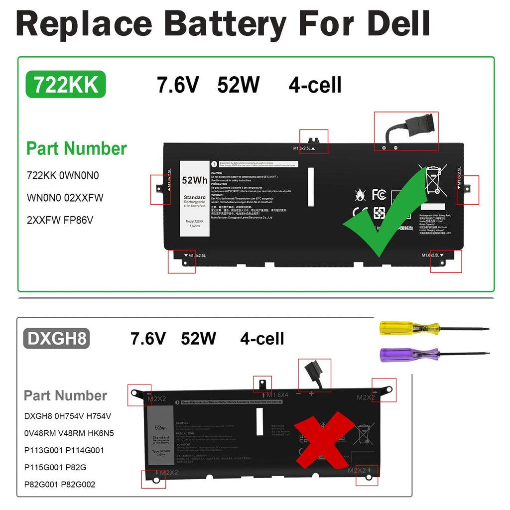 Replacement 722KK Battery For XPS 13 9300 9310 P117G 2XXFW FP86V WN0N0 7.6V 52Wh