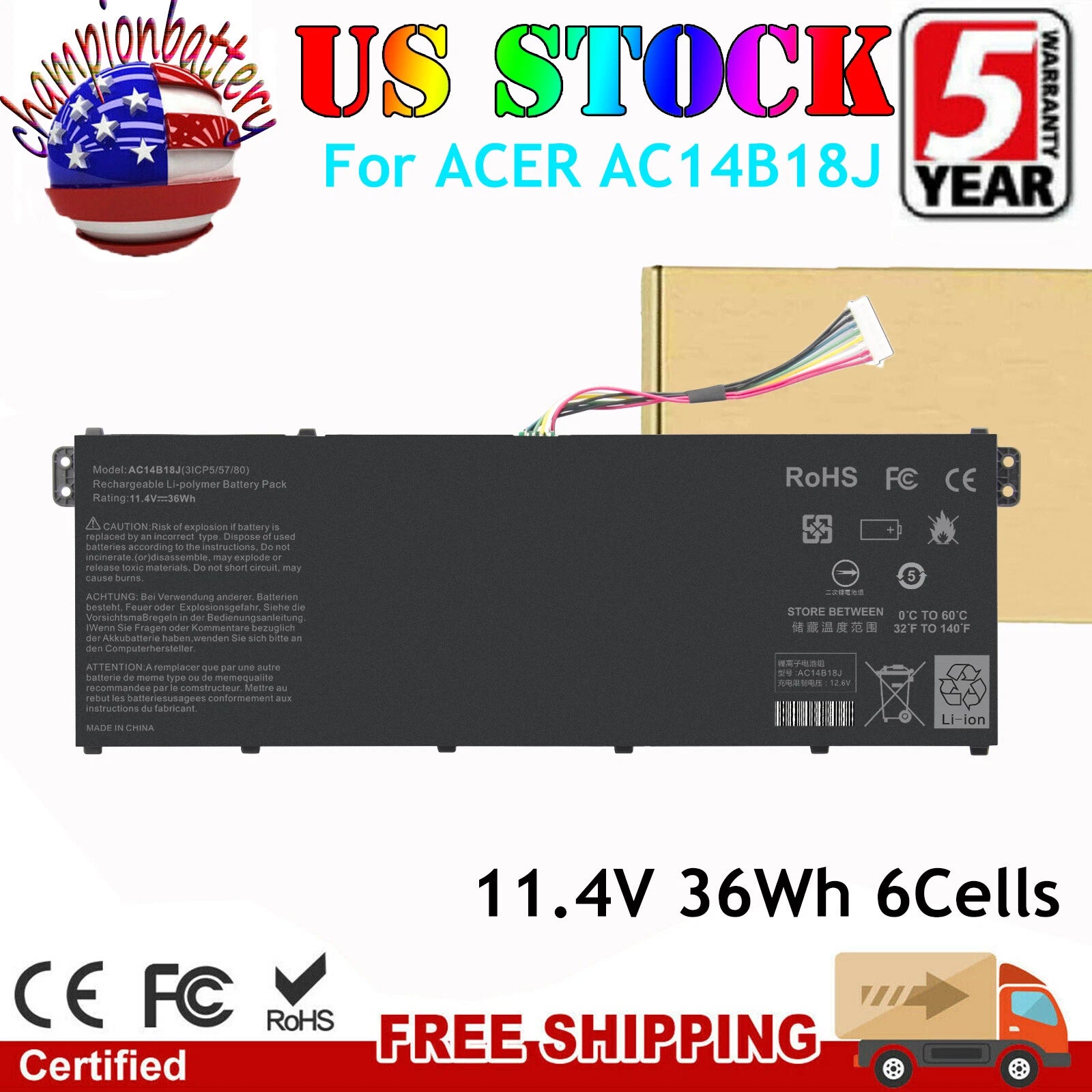 AC14B18J Battery for Acer Aspire ES1-511 ES1-512 V3-111 V3-111P CB5-311 Swift 3