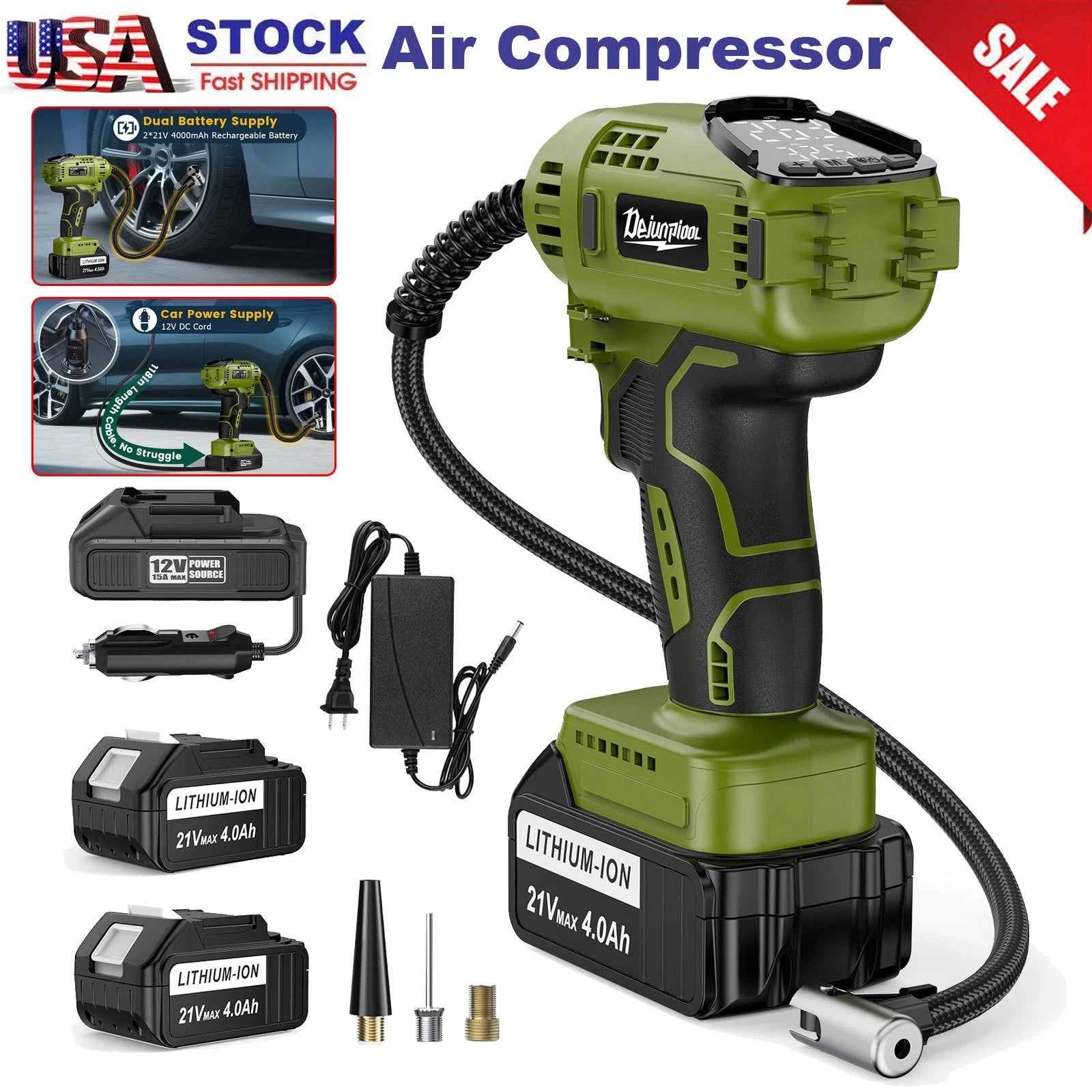150PSI Portable Cordless Car Tire Inflator Air Compressor w/2x 21V Max Battery