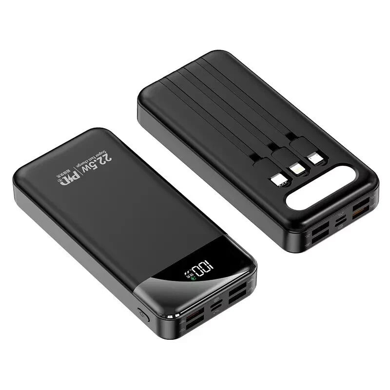 Portable Power Bank 20000mAh Fast Charging Battery with 3 Built in Cables Black