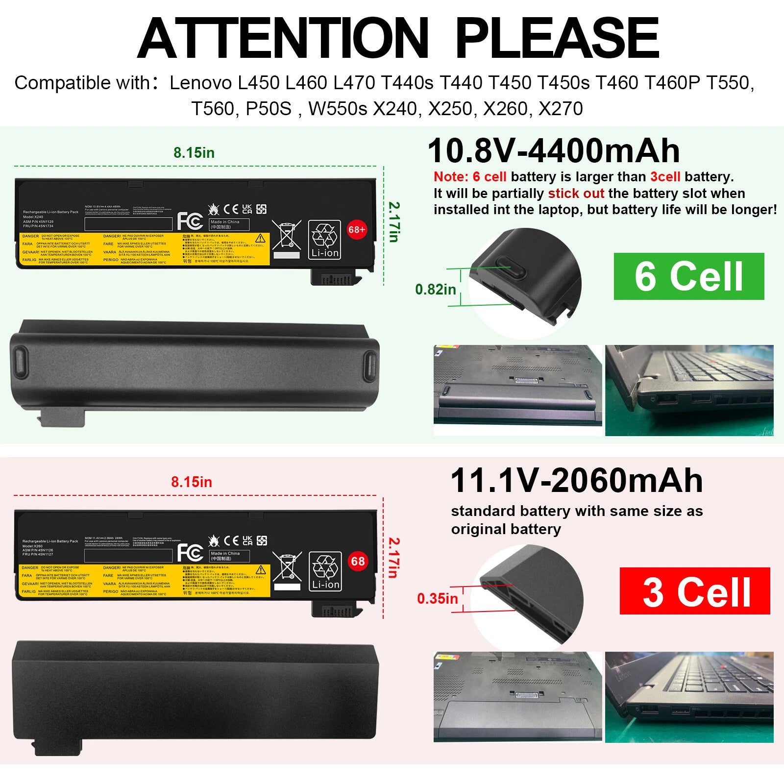 68 Battery for Lenovo Thinkpad X240 X250 X260 X270 P50S L450 L460 L470 0C52861