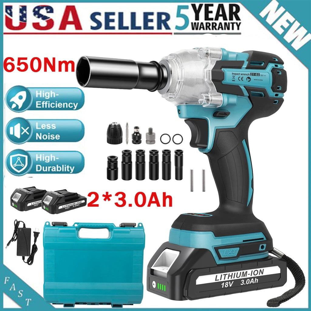 650Nm Electric Impact Wrench High Torque Impact Gun 1/2" w/ 2 Li-ion Battery