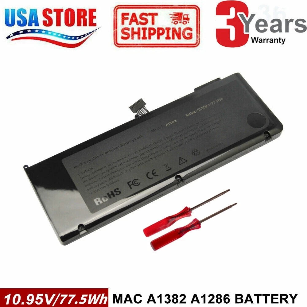 A1382 A1286 Battery for Apple MacBook Pro 15" Early 2011 Mid 2012 10.95V/77.5Wh