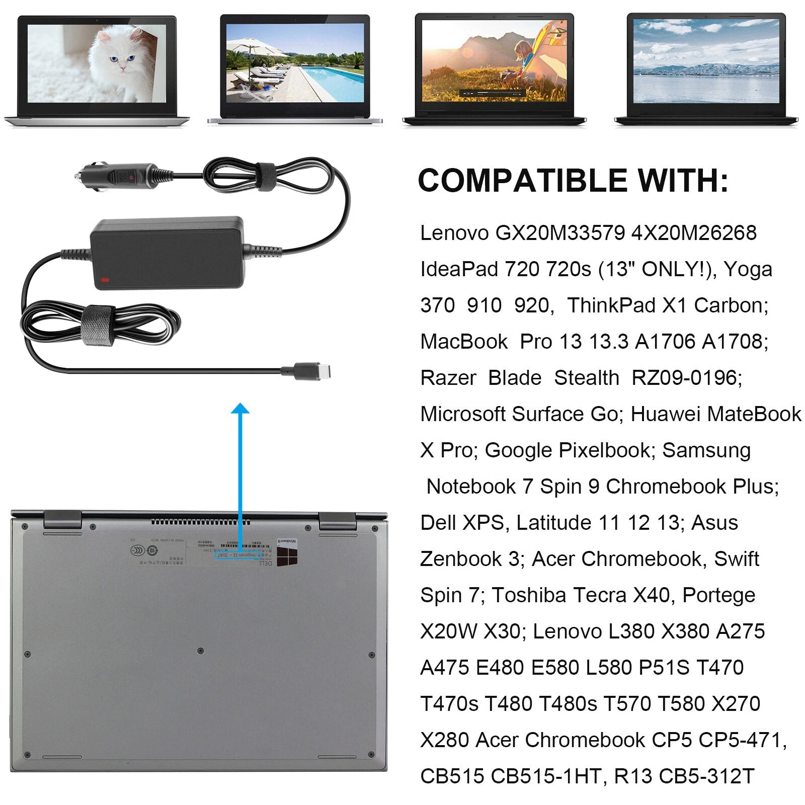 65W USB C Laptop AC Adapter Car Charger for Lenovo Yoga ThinkPad T490 T480s T580
